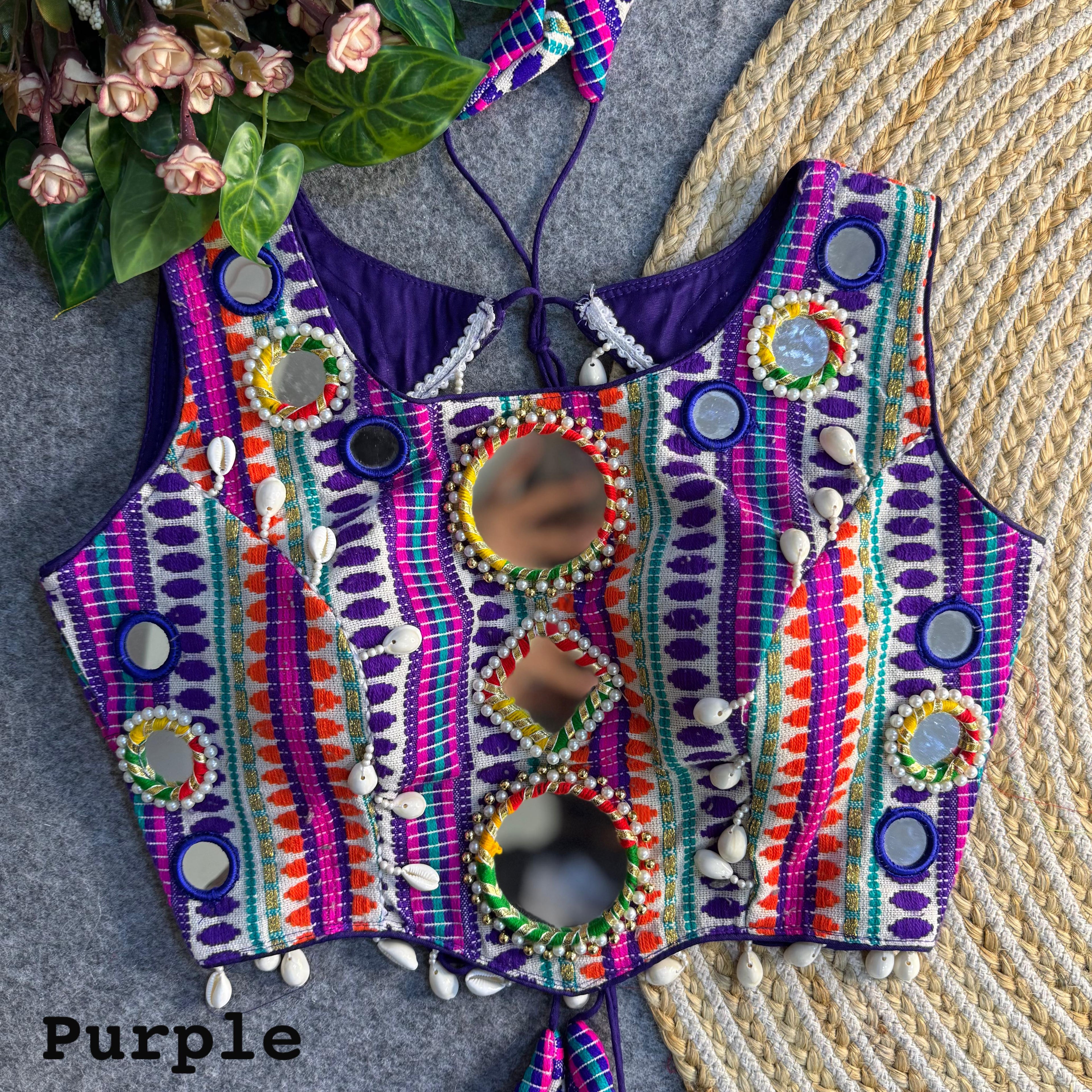 Purple Pure Soft Heavy Jhoot Mirror Kutchi Work Navratri Blouse
