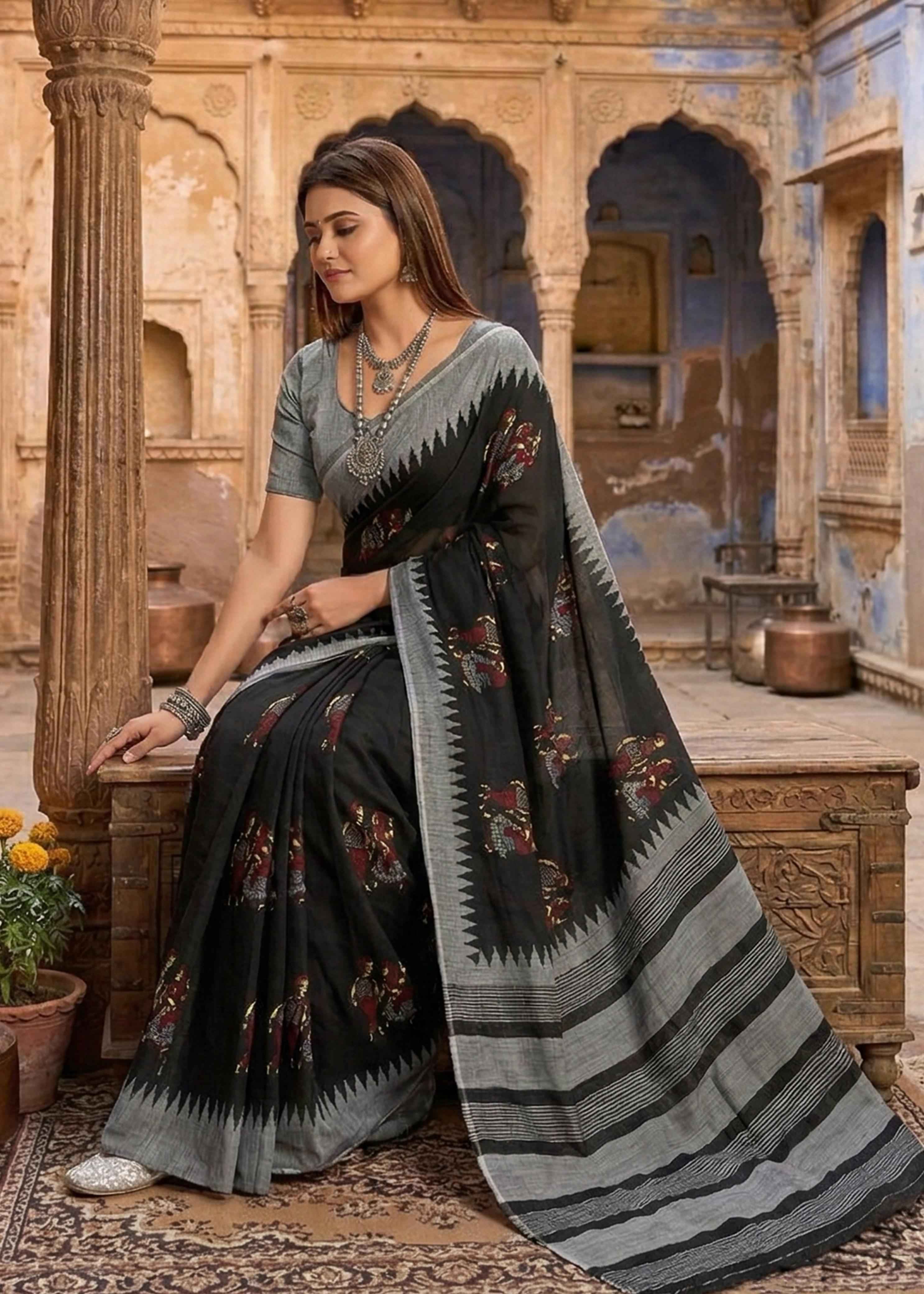 Black Soft Malmal Cotton Kalamkari Hand Block Print Cotton Saree
