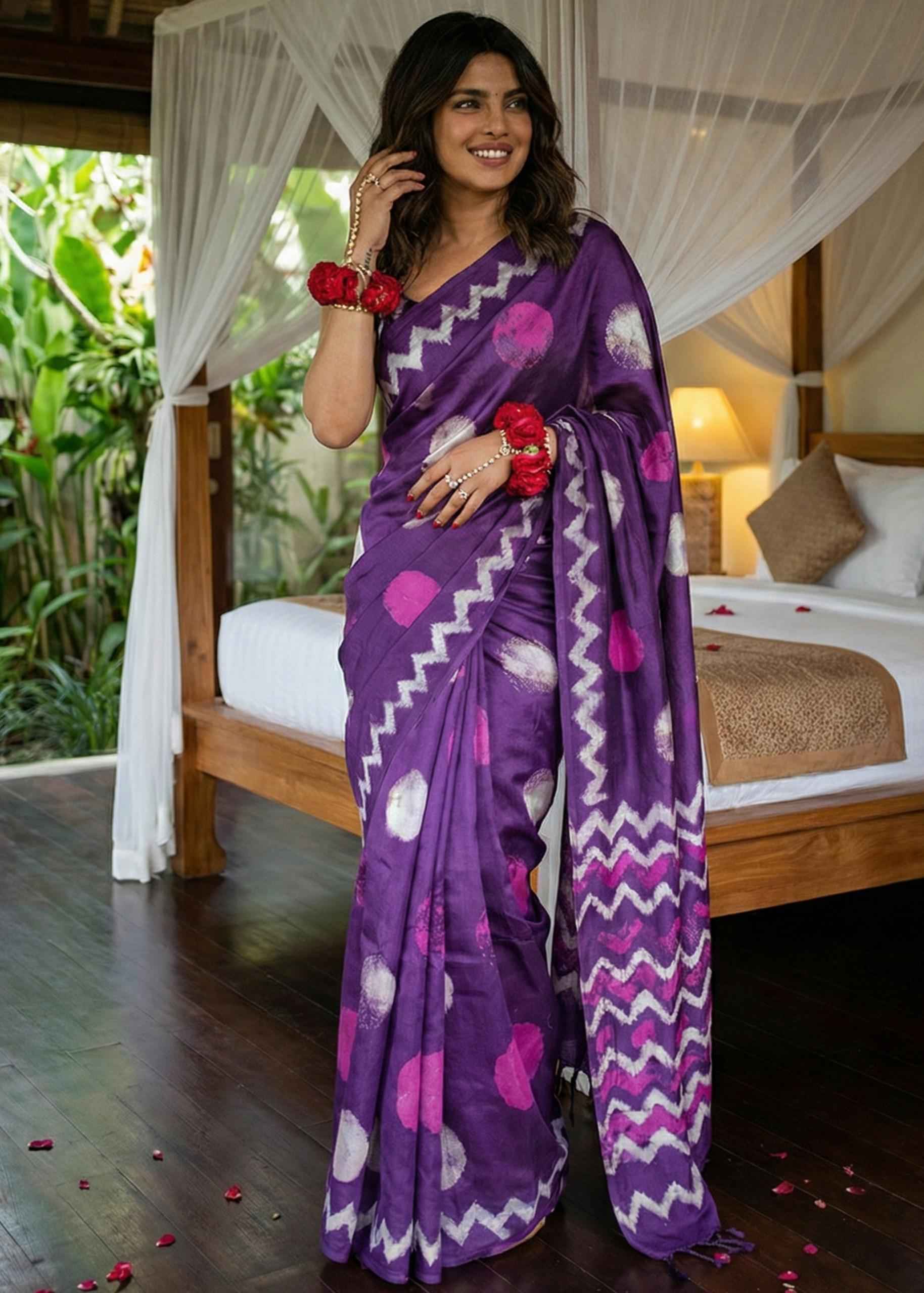 Purple Soft Malmal Cotton Shibori Hand Block Print Cotton Saree