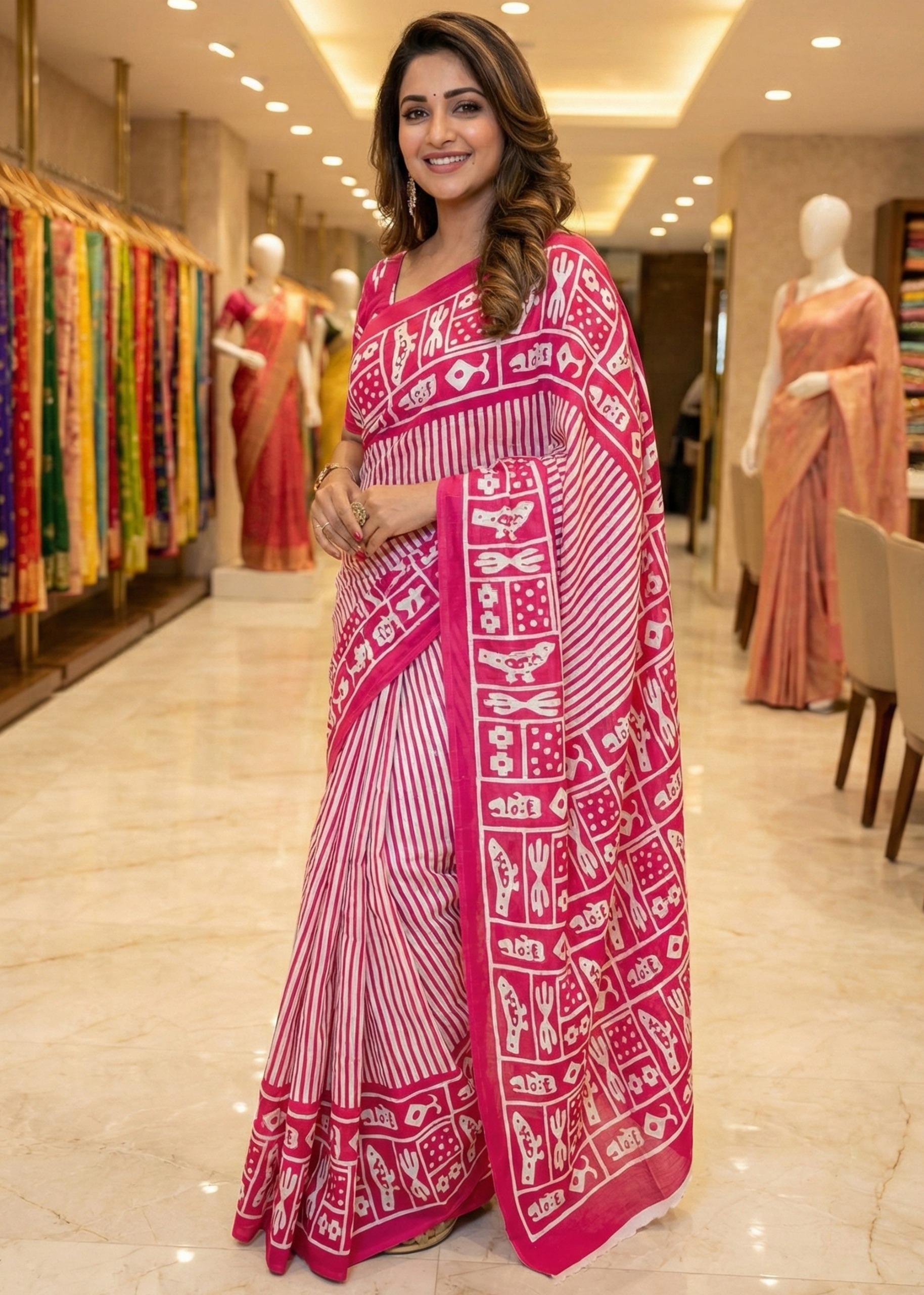 Pink Soft Malmal Cotton Sanganeri Block Printed Cotton Saree