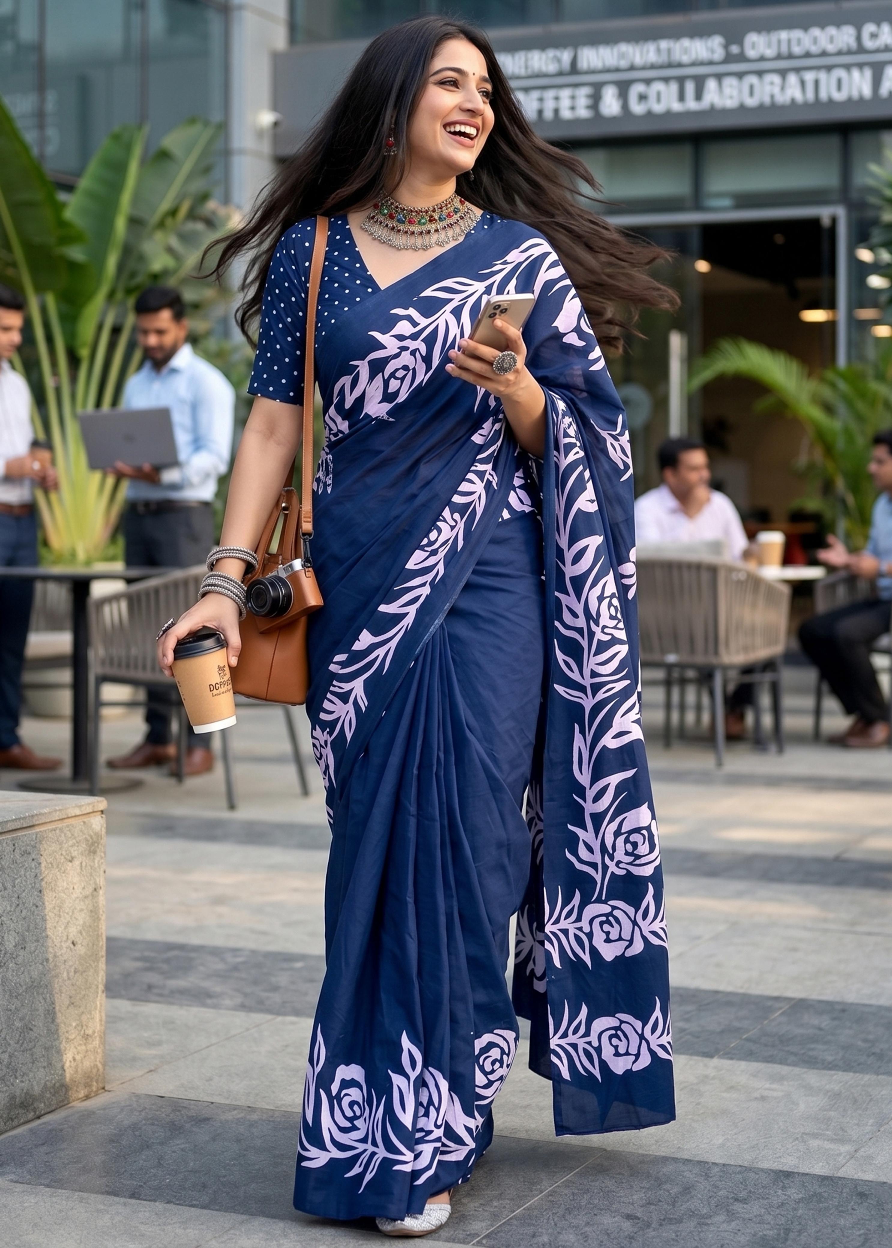 Blue Soft Cotton Hand Block Floral Printed Cotton Saree
