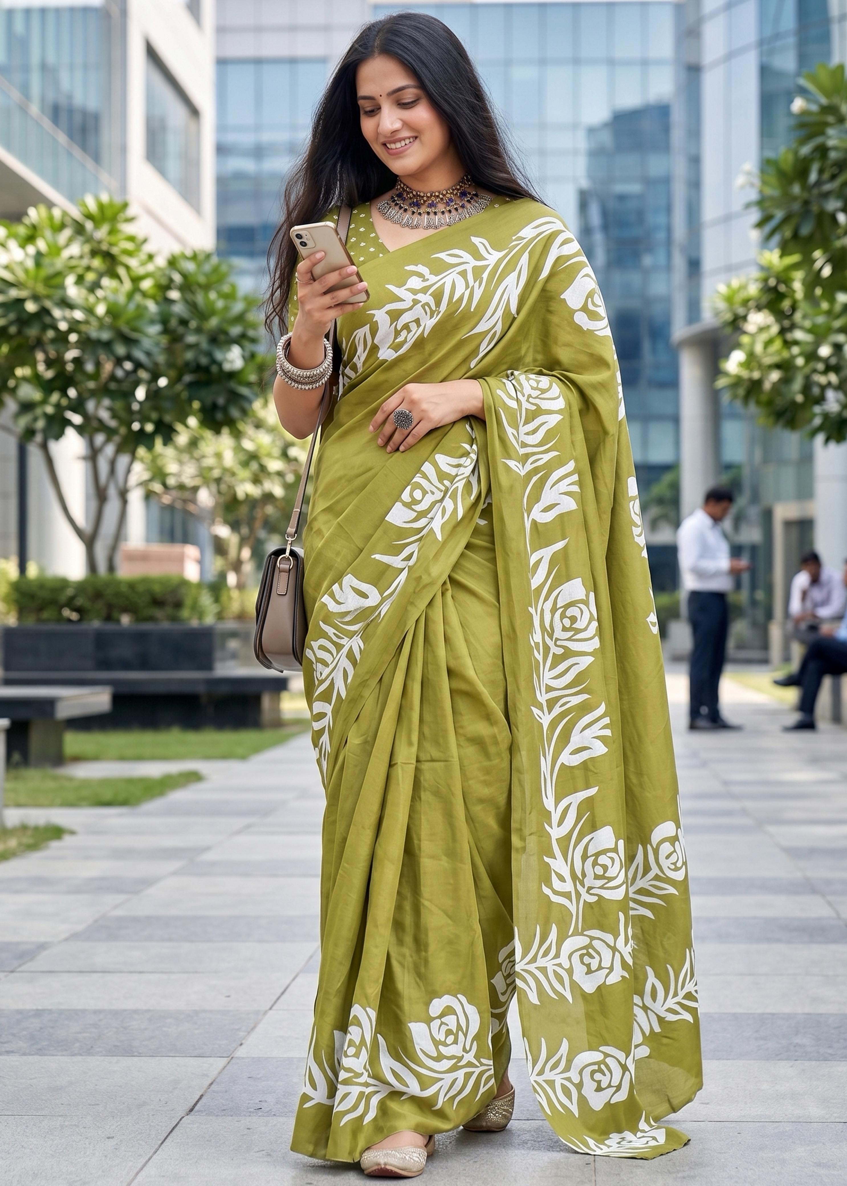Olive Soft Cotton Hand Block Floral Printed Cotton Saree