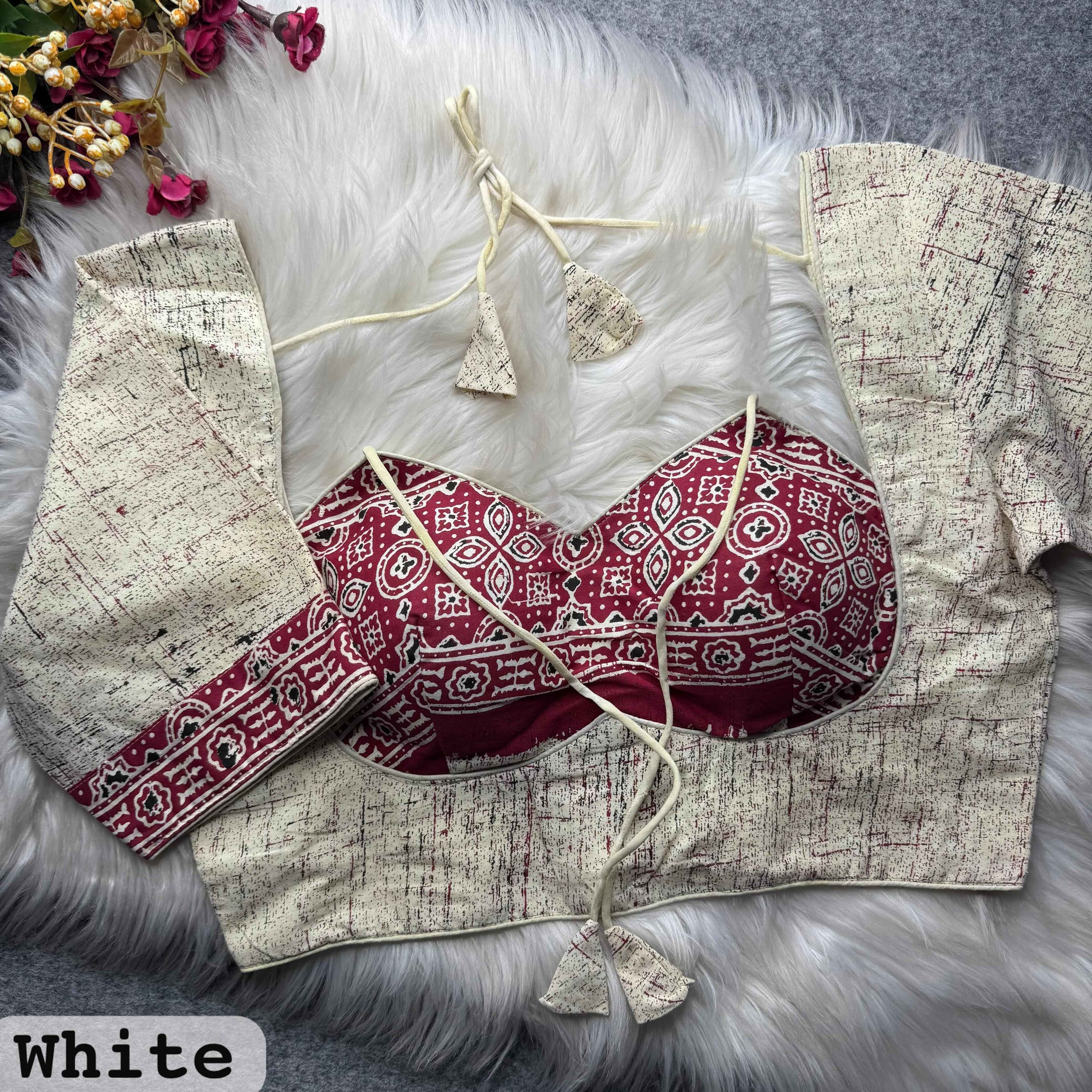 White Pure Soft Ajrakh Cotton Masaba Style Blouse