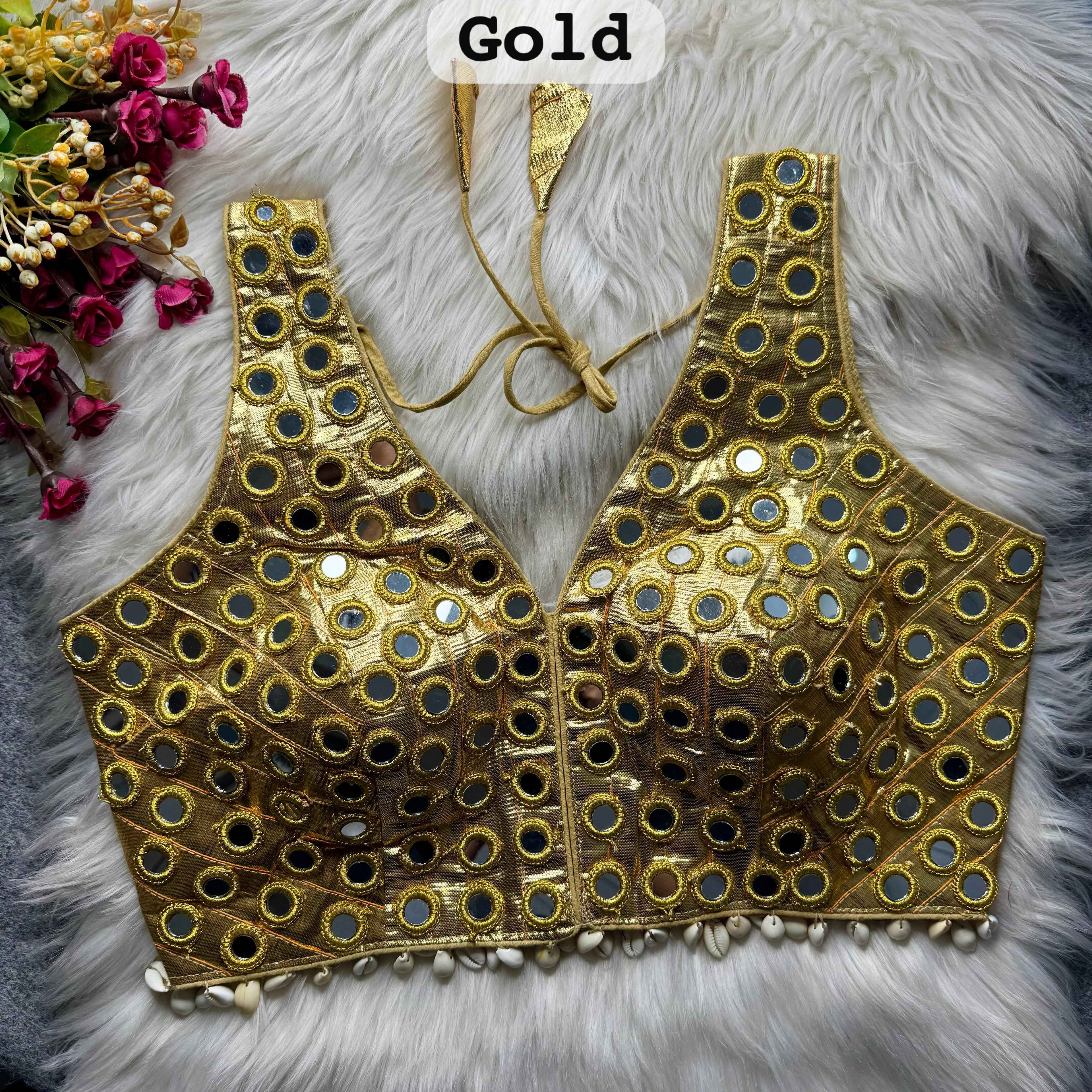 Gold Pure Soft Heavy Gotta Real Mirror & Kaudi Work Navratri Blouse