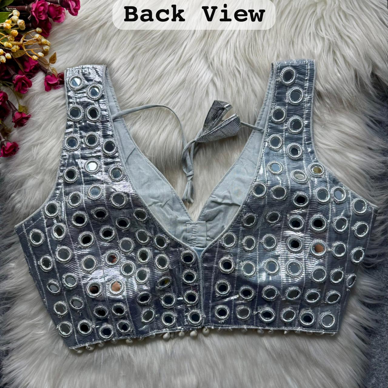 Silver Pure Soft Heavy Gotta Real Mirror & Kaudi Work Navratri Blouse