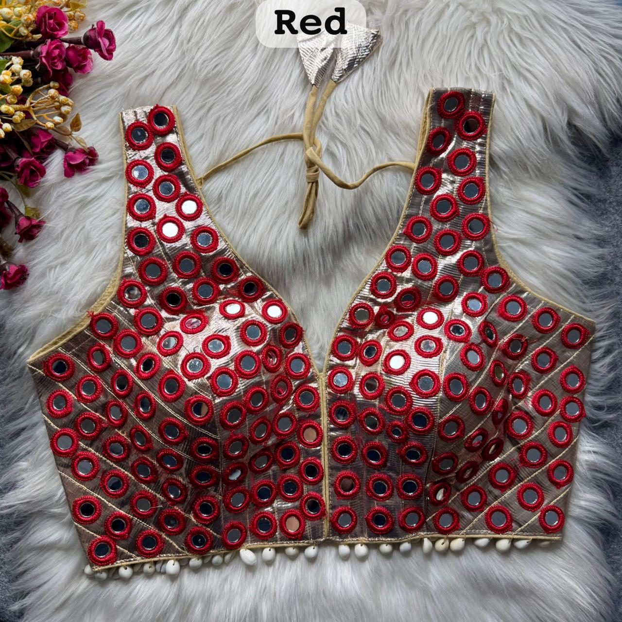 Red Pure Soft Heavy Gotta Real Mirror & Kaudi Work Navratri Blouse