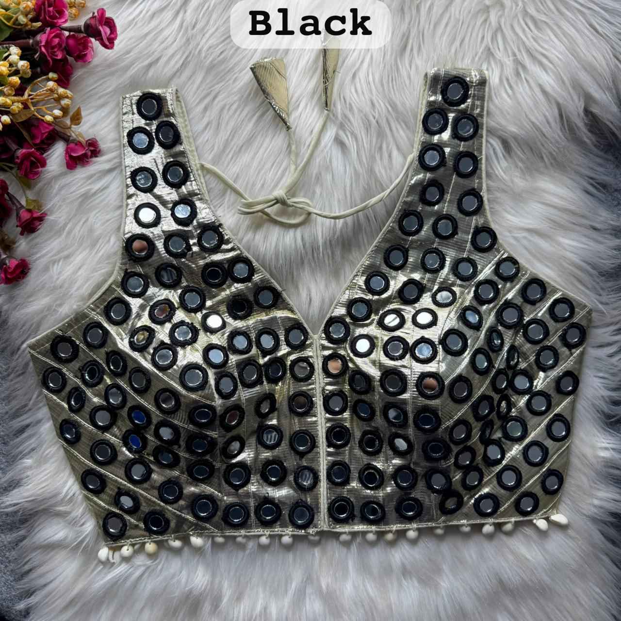 Black Pure Soft Heavy Gotta Real Mirror & Kaudi Work Navratri Blouse