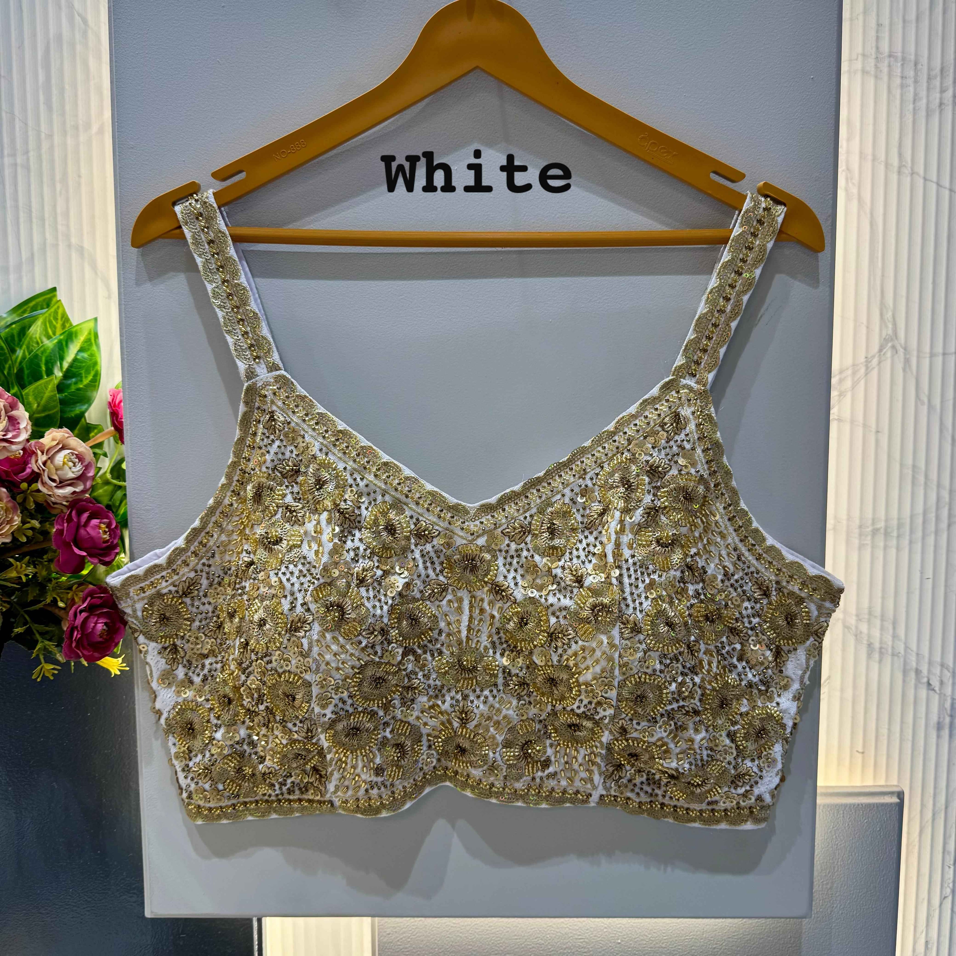 White Pure Soft Heavy Beads & Sequence Jari Work Navratri Blouse