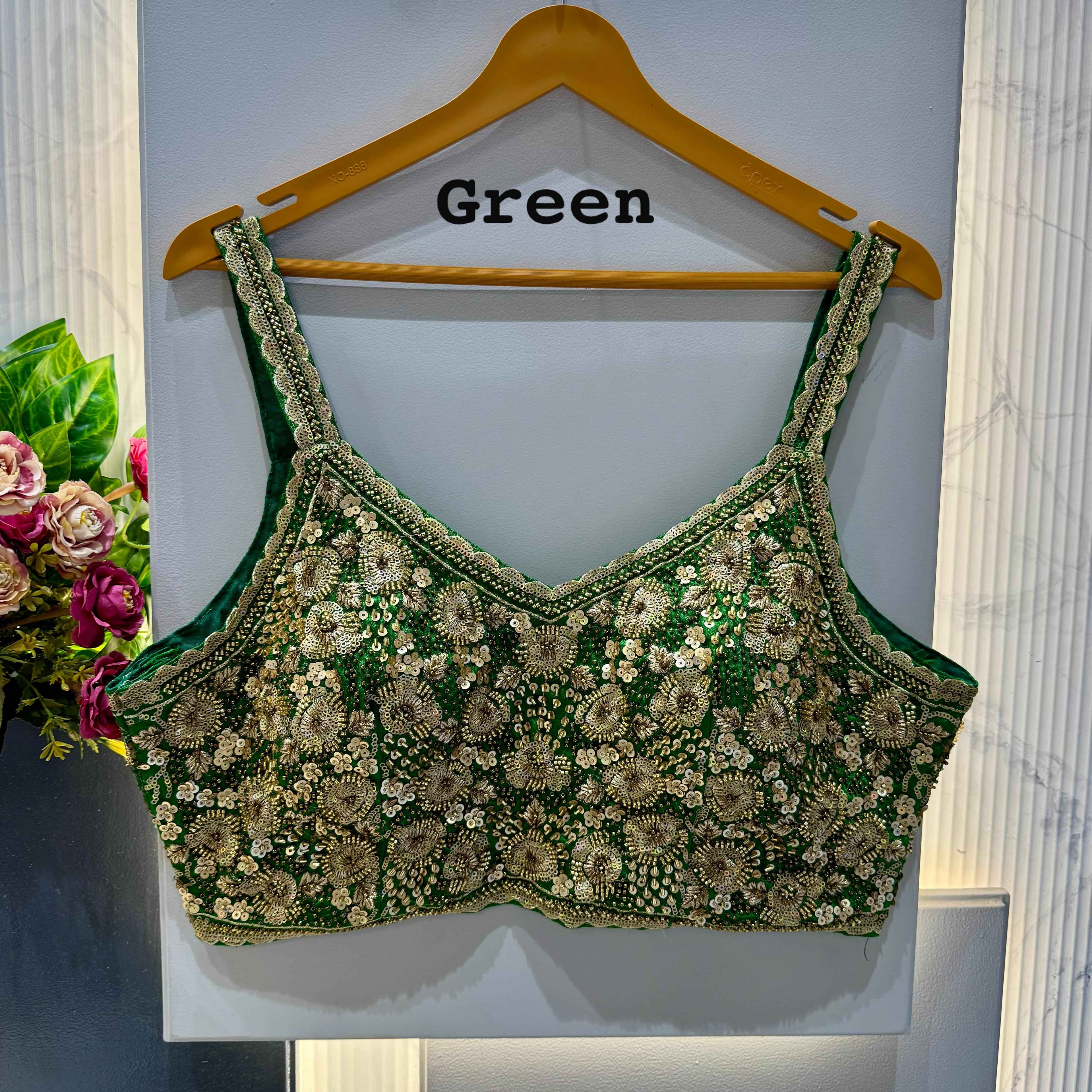 Green Pure Soft Heavy Beads & Sequence Jari Work Navratri Blouse