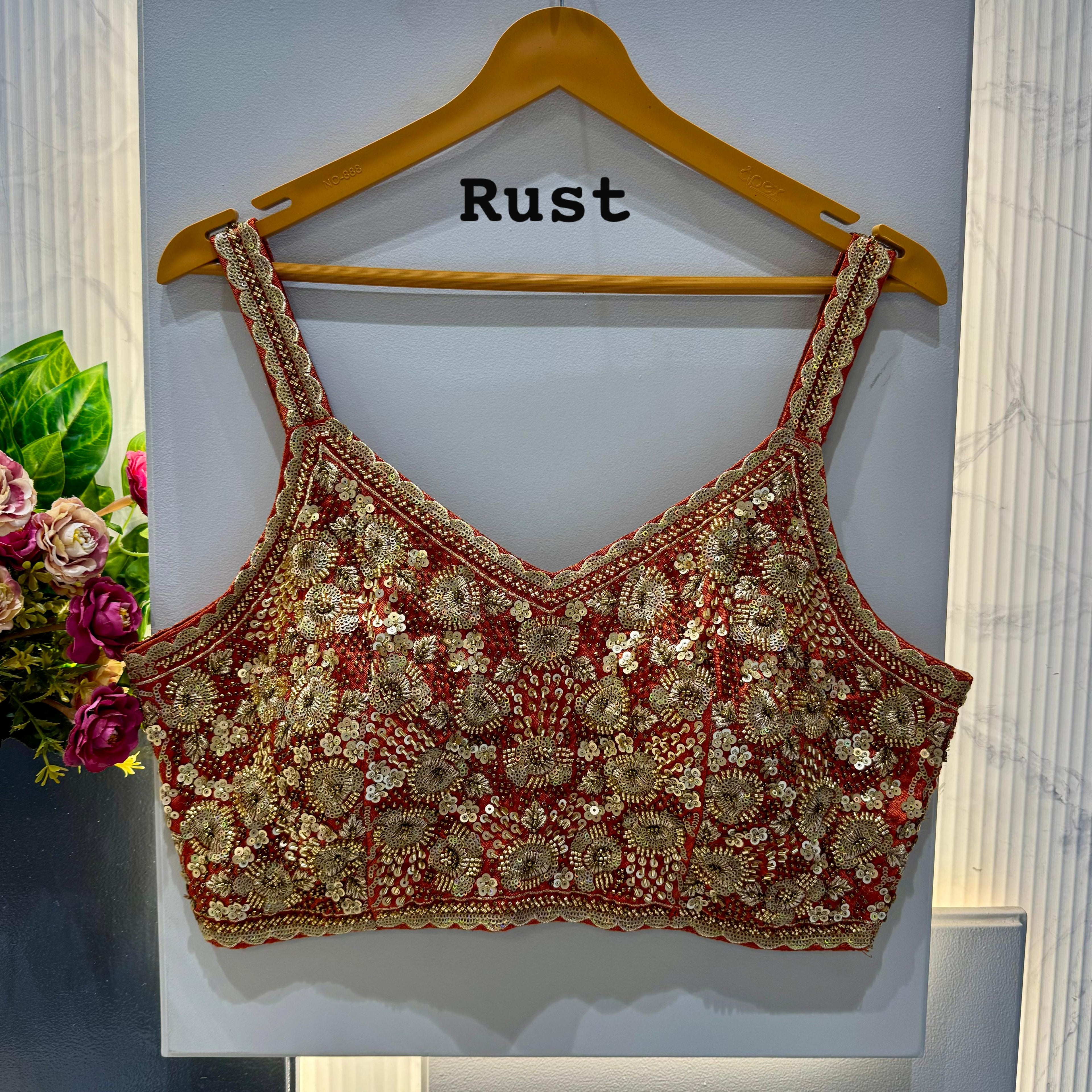 Rust Pure Soft Heavy Beads & Sequence Jari Work Navratri Blouse