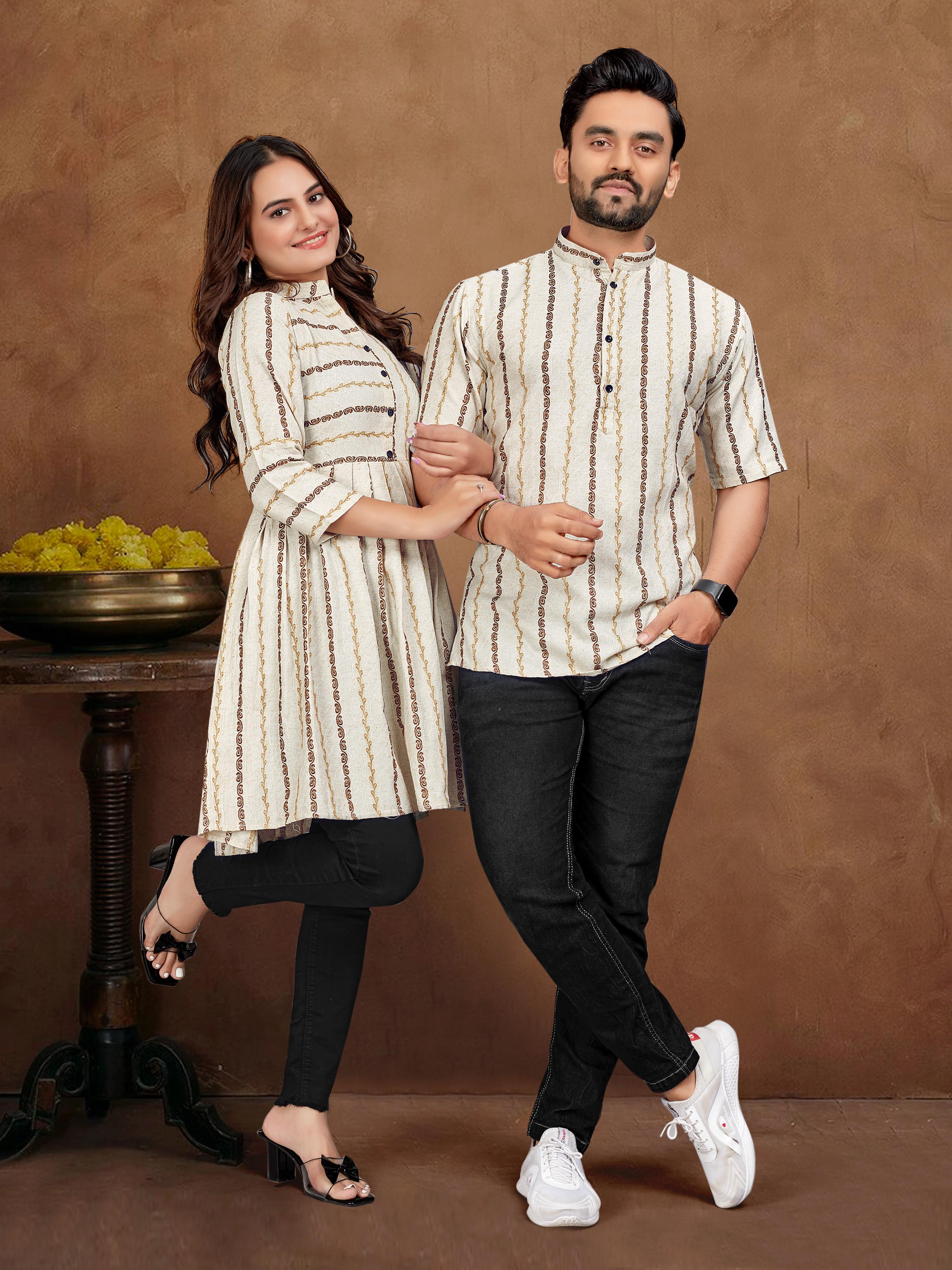 White Pure Soft Cotton Jequard Shirt & Tunic Matching Both Couple Combo