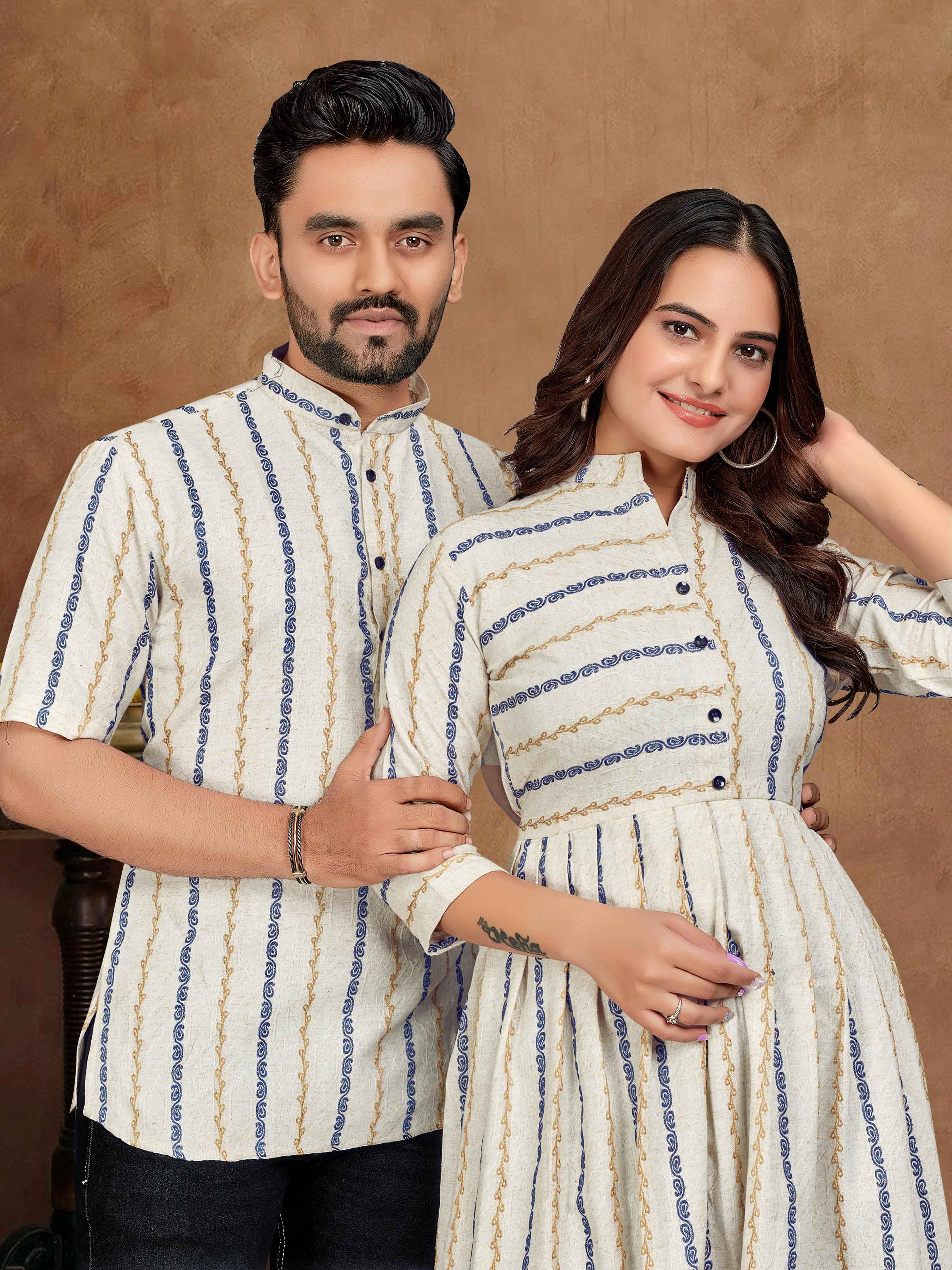 White Pure Soft Cotton Jequard Shirt & Tunic Matching Both Couple Combo