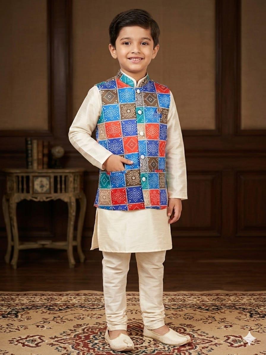 Cream Pure Malai Satin Kurta Pajama With Koti Jacket Father & Son Matching Combo Set