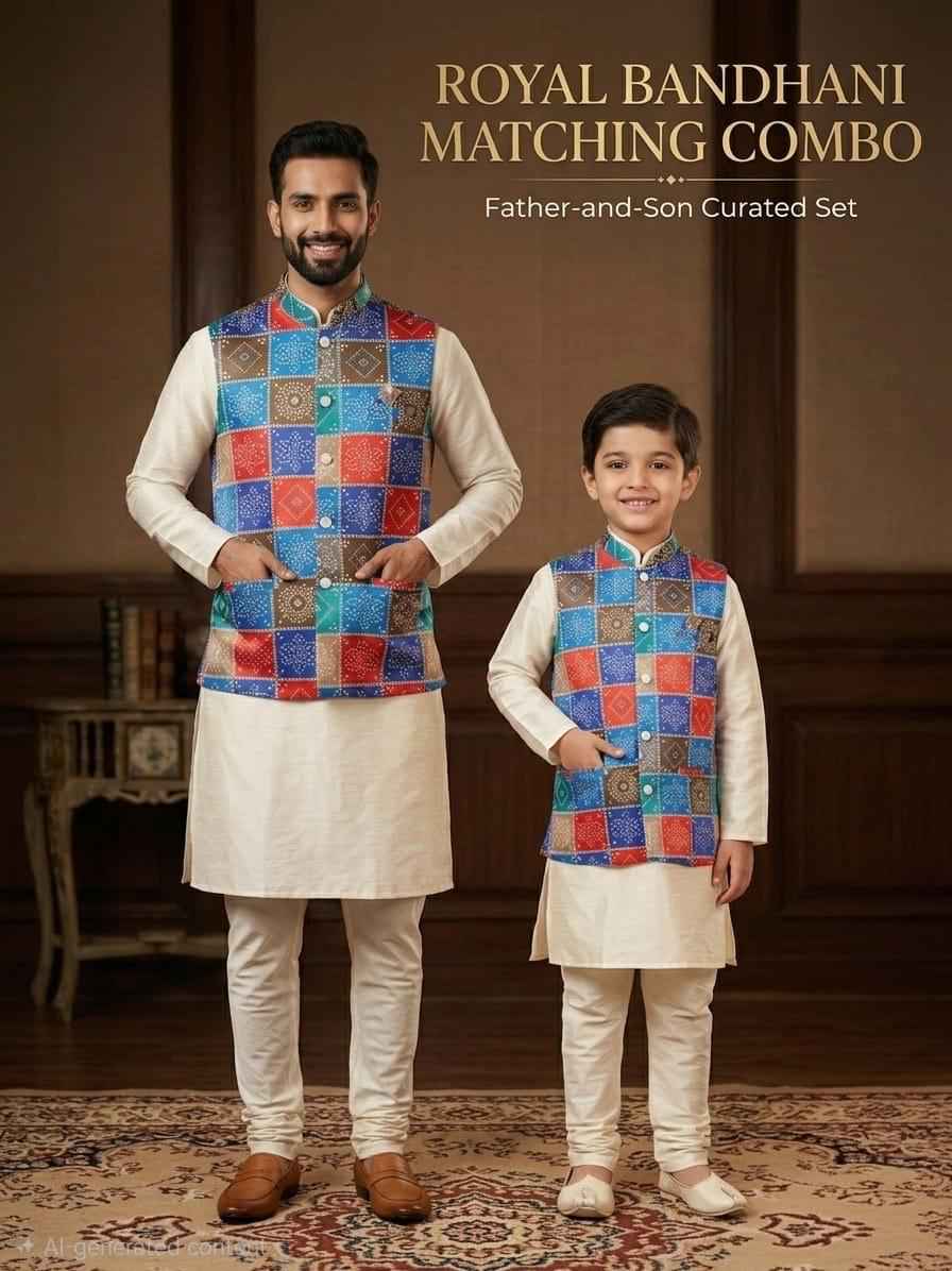 Cream Pure Malai Satin Kurta Pajama With Koti Jacket Father & Son Matching Combo Set