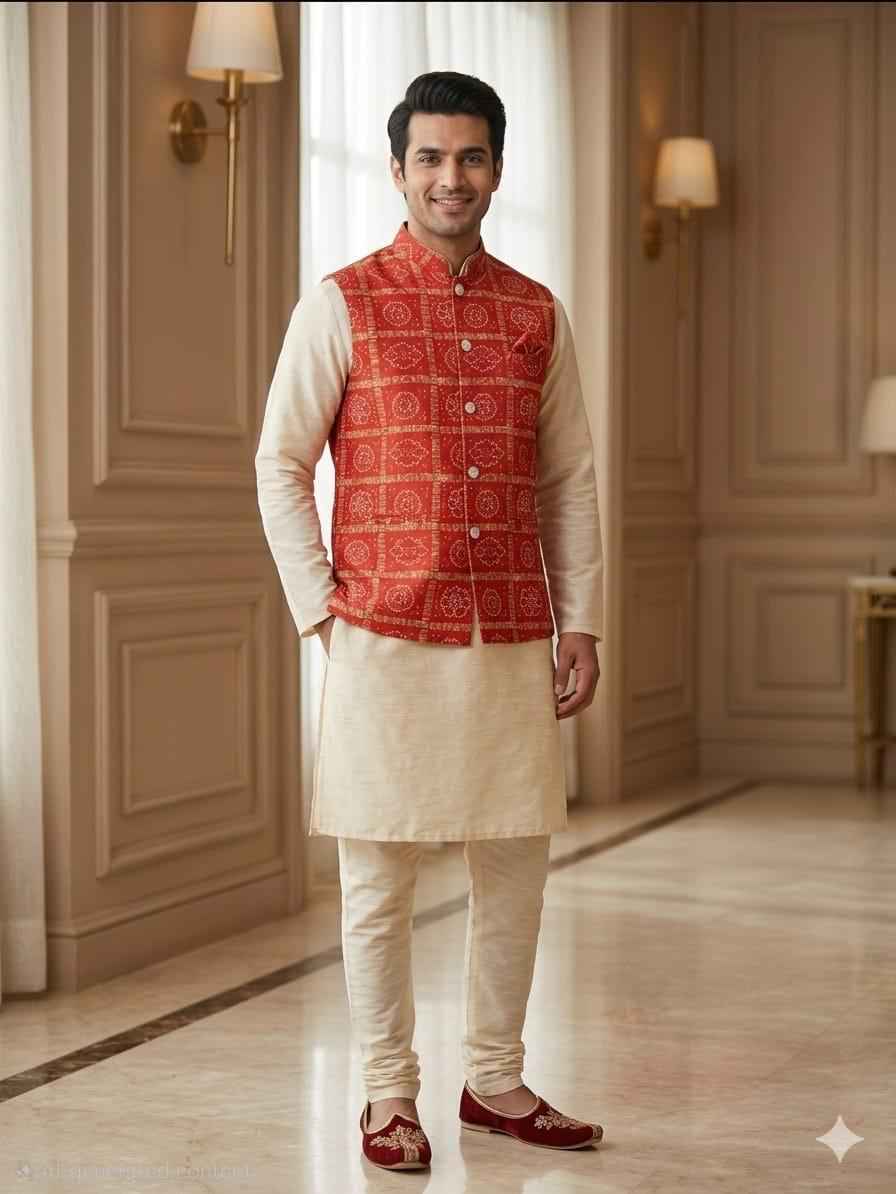 Cream Pure Malai Satin Kurta Pajama With Koti Jacket Father & Son Matching Combo Set