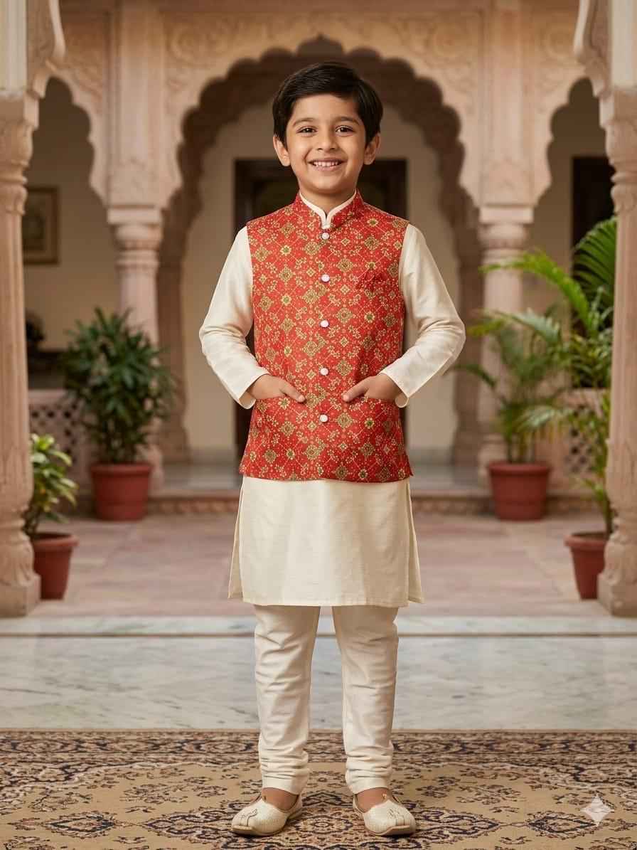 Cream Pure Malai Satin Kurta Pajama With Koti Jacket Father & Son Matching Combo Set