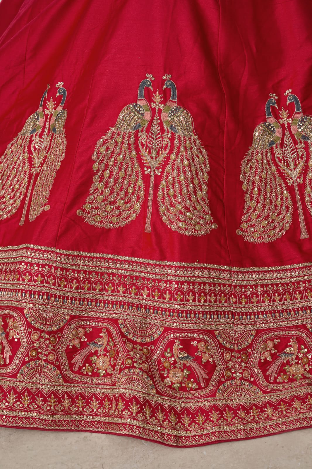 Red Silk Lehenga Choli with Peacock Zari Embroidery & Net Dupatta