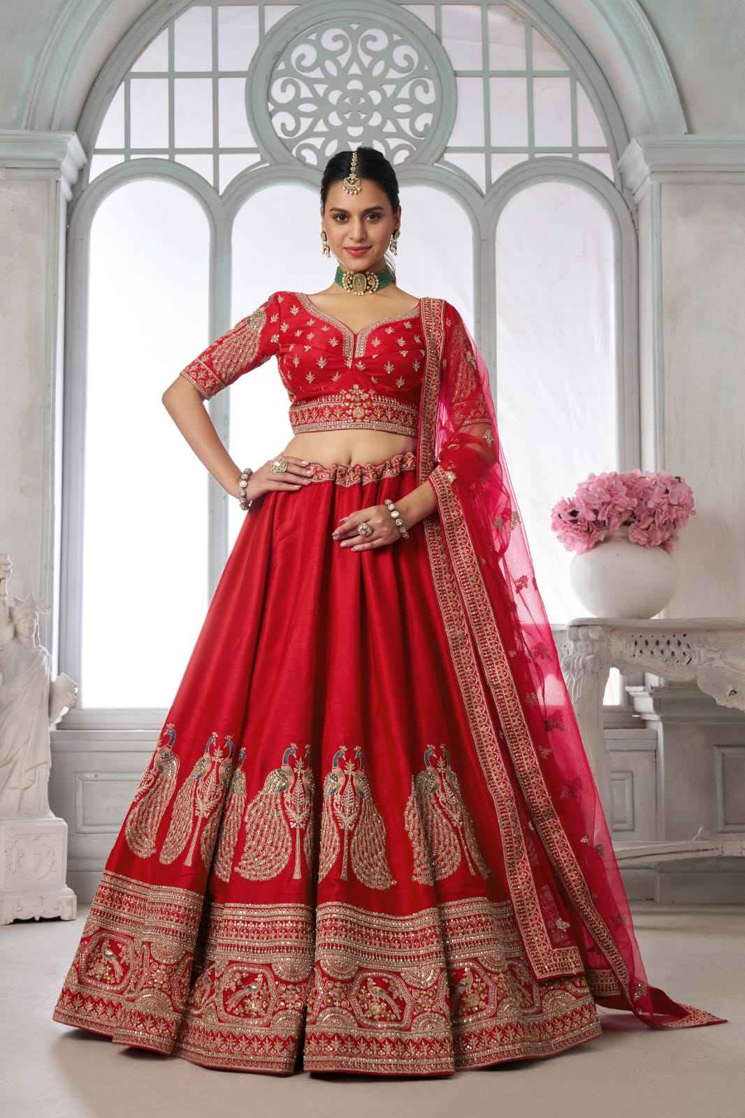 Red Silk Lehenga Choli with Peacock Zari Embroidery & Net Dupatta