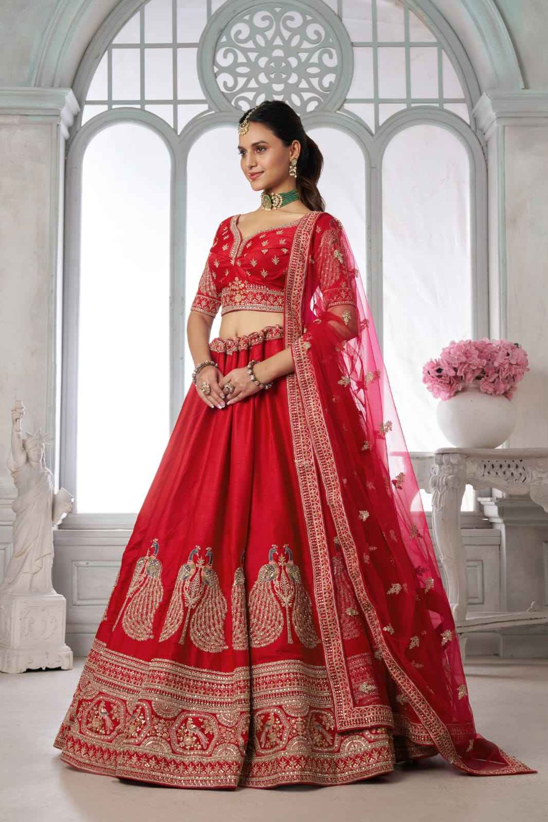 Red Silk Lehenga Choli with Peacock Zari Embroidery & Net Dupatta