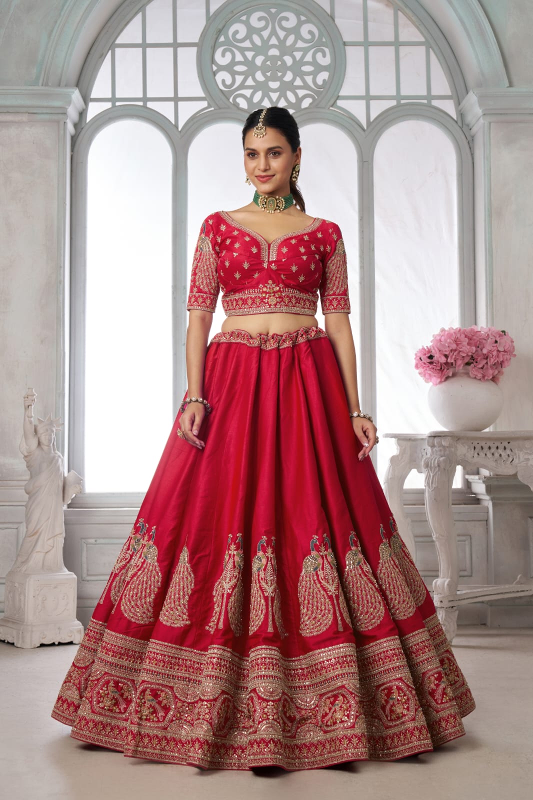 Red Silk Lehenga Choli with Peacock Zari Embroidery & Net Dupatta