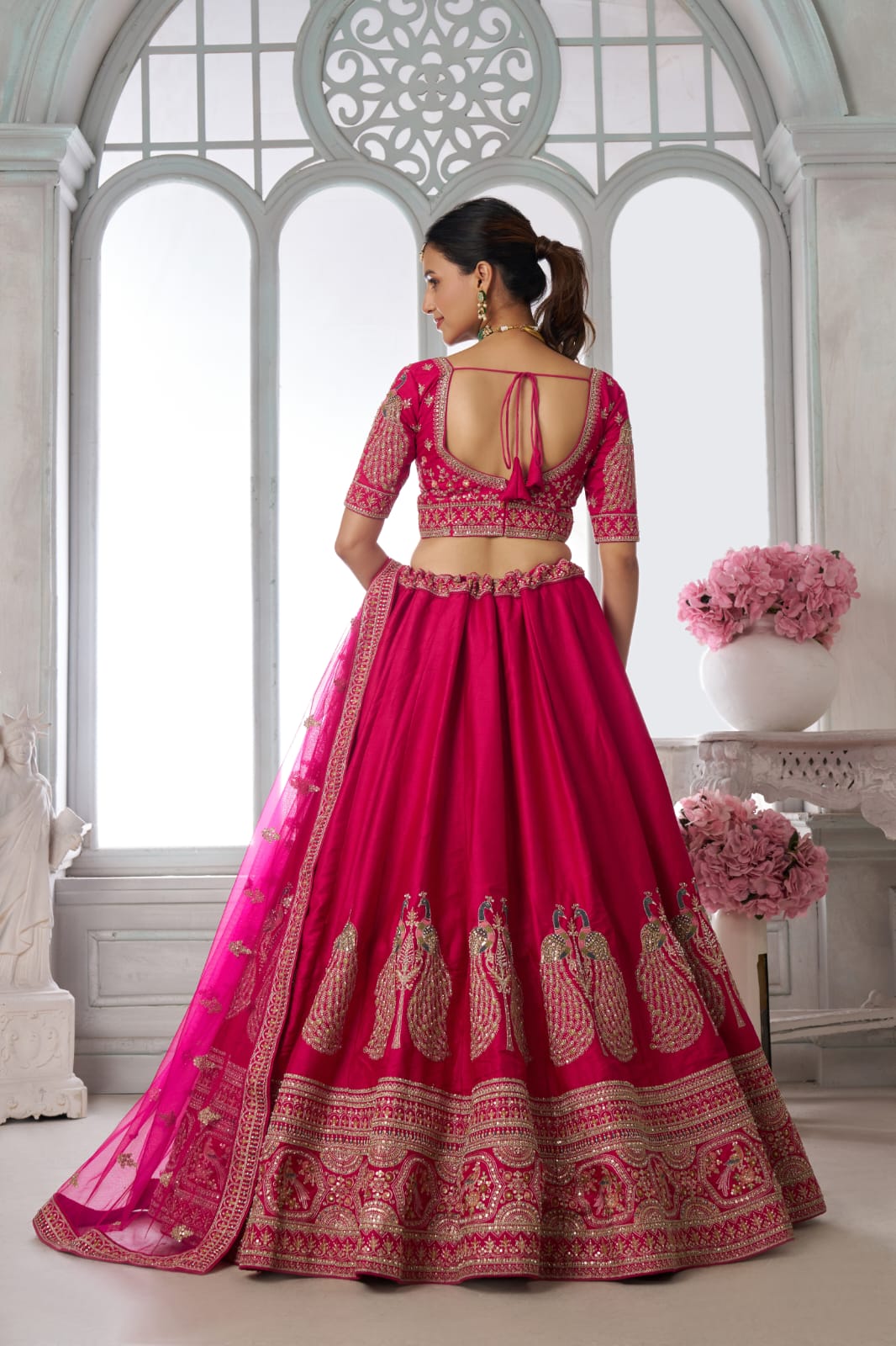 Rani Pink Silk Lehenga Choli with Peacock Zari Embroidery & Net Dupatta