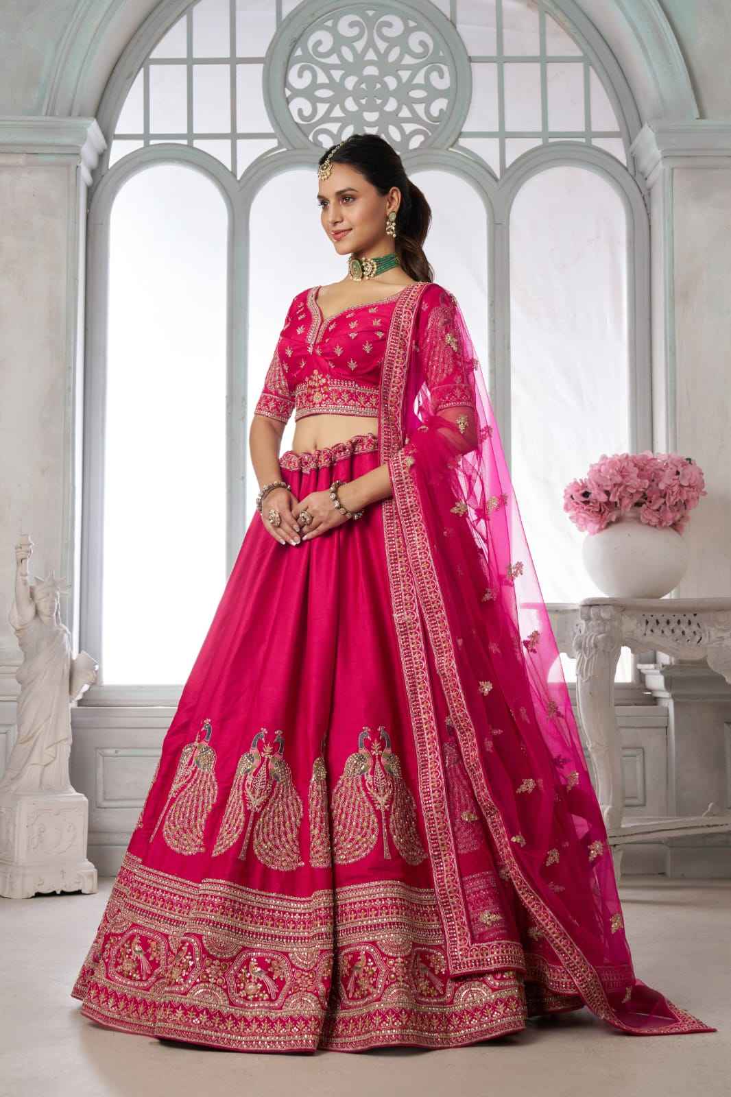 Rani Pink Silk Lehenga Choli with Peacock Zari Embroidery & Net Dupatta