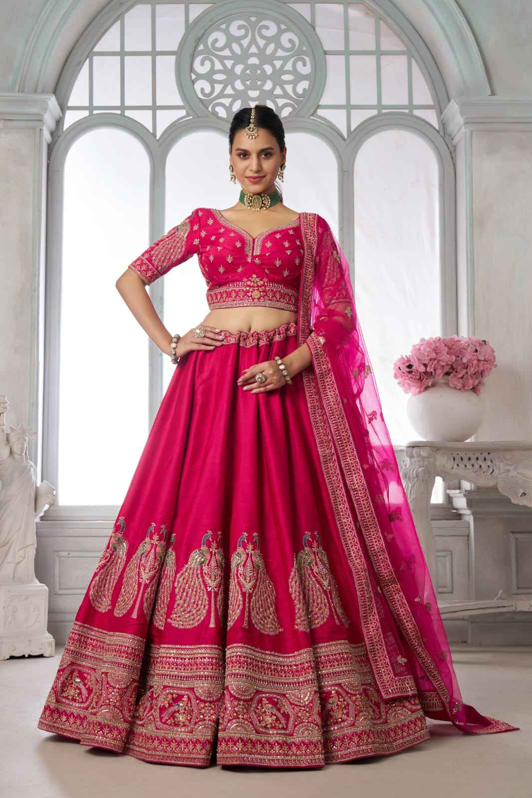Rani Pink Silk Lehenga Choli with Peacock Zari Embroidery & Net Dupatta