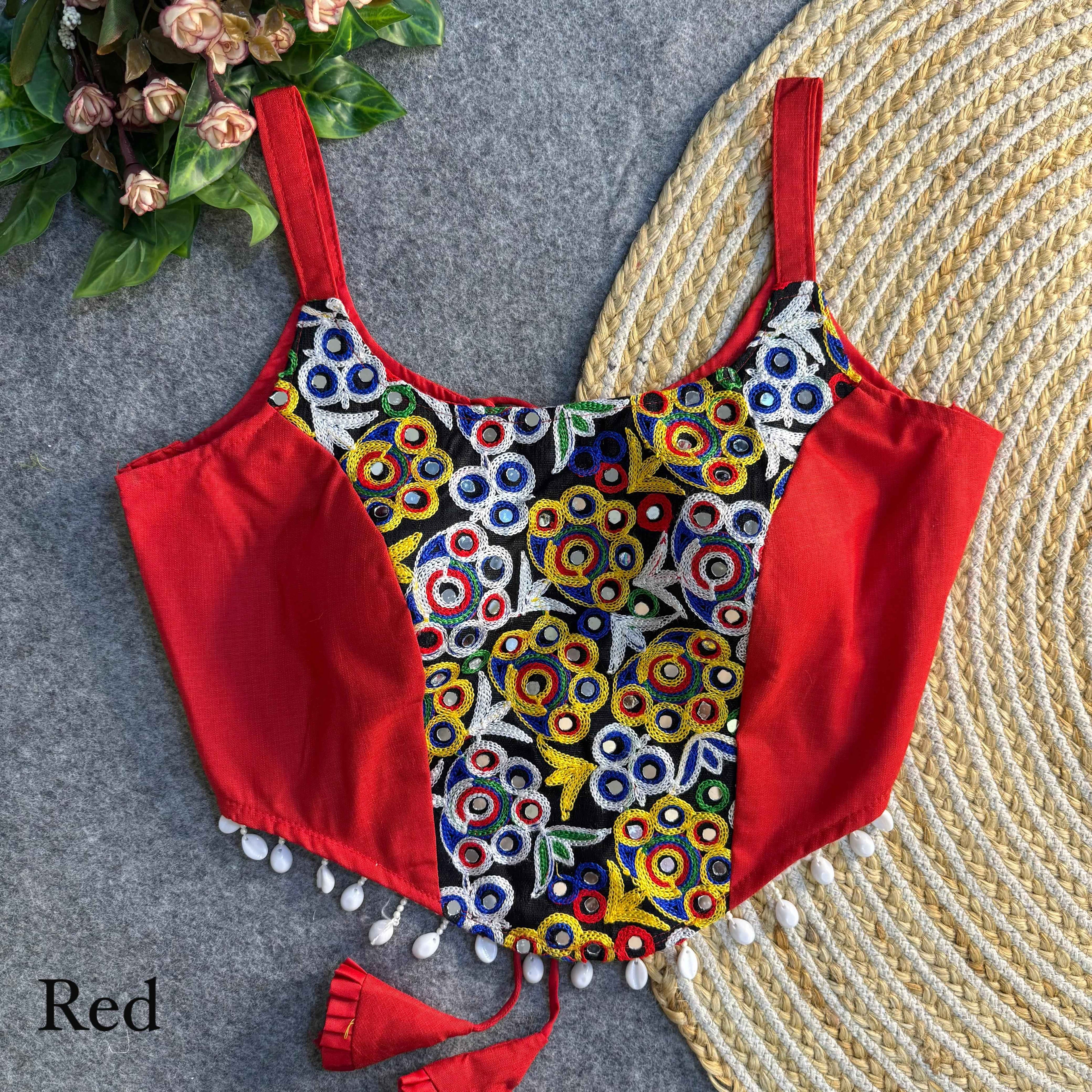 Red Pure Heavy Thread Patch Kaudi & Hand Mirror Work Navratri Blouse