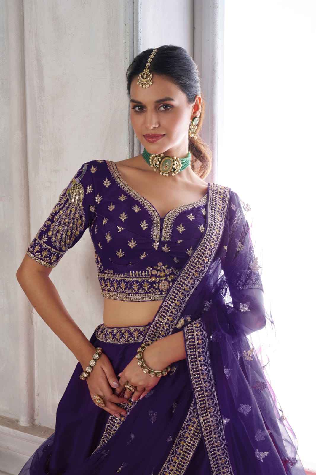 Purple Silk Lehenga Choli with Peacock Zari Embroidery & Dupatta