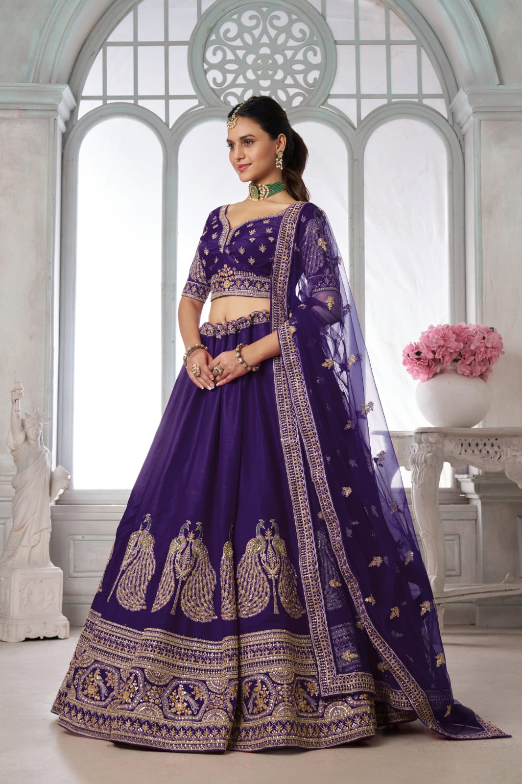 Purple Silk Lehenga Choli with Peacock Zari Embroidery & Dupatta