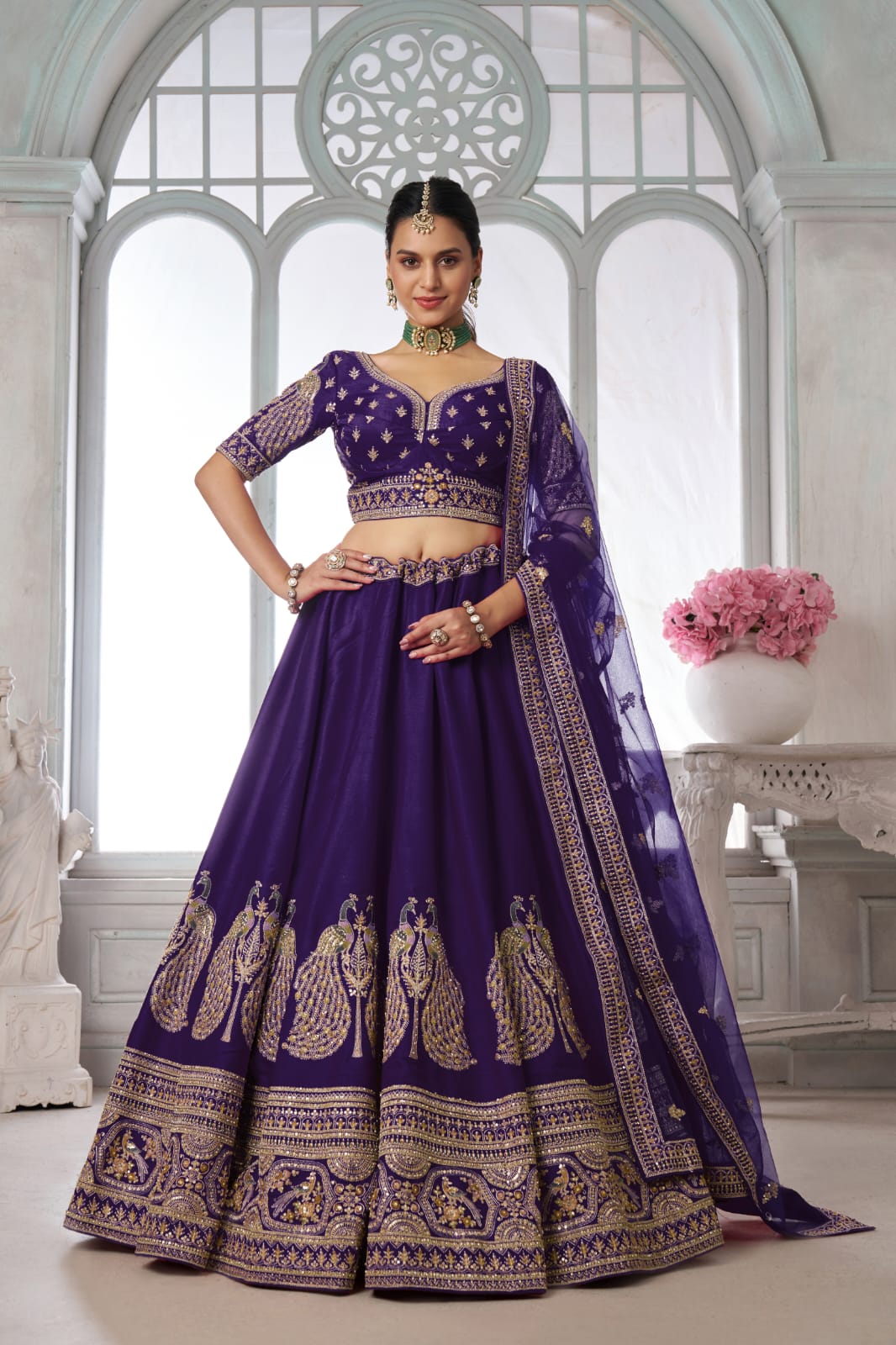 Purple Silk Lehenga Choli with Peacock Zari Embroidery & Dupatta