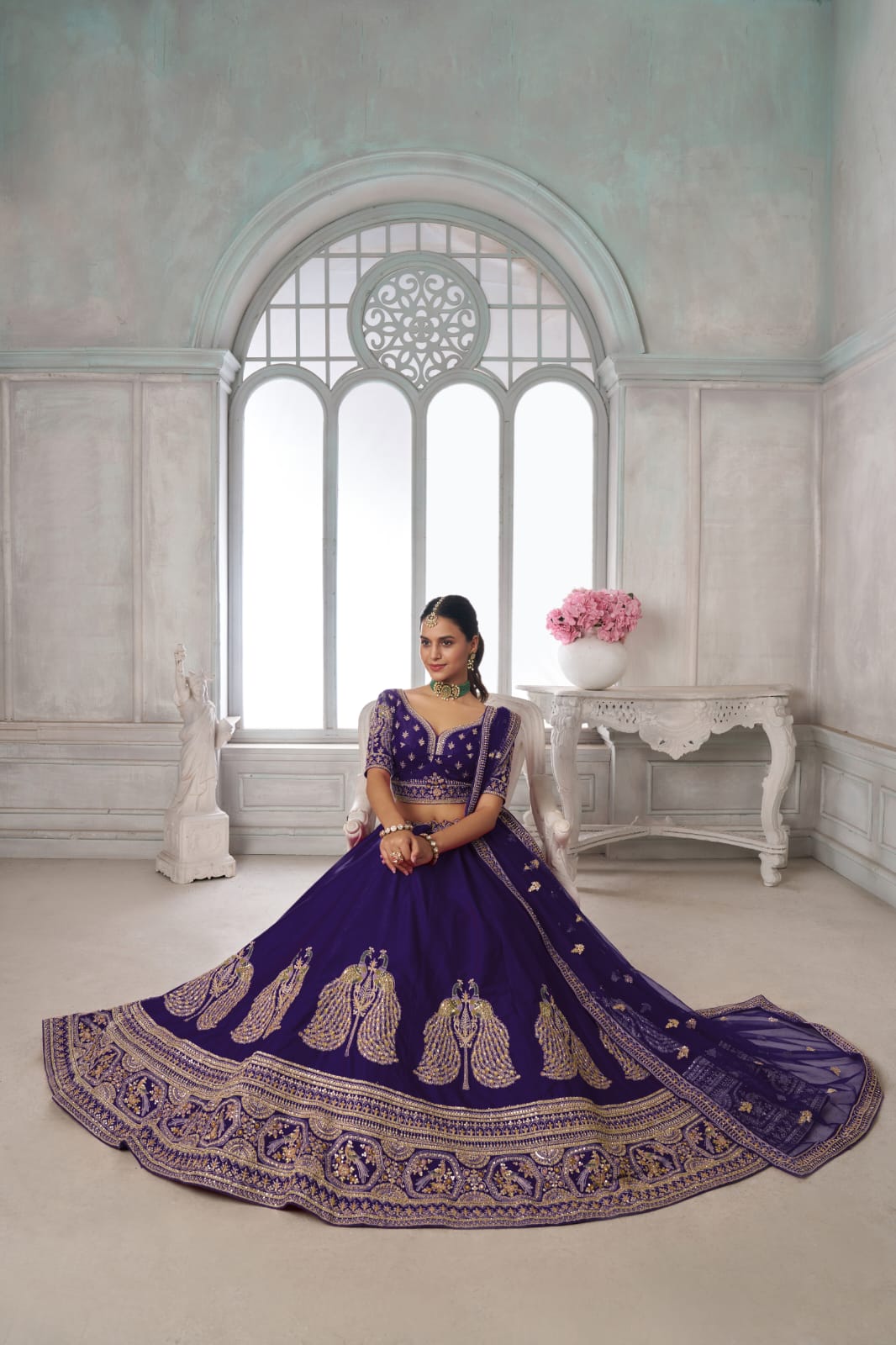 Purple Silk Lehenga Choli with Peacock Zari Embroidery & Dupatta
