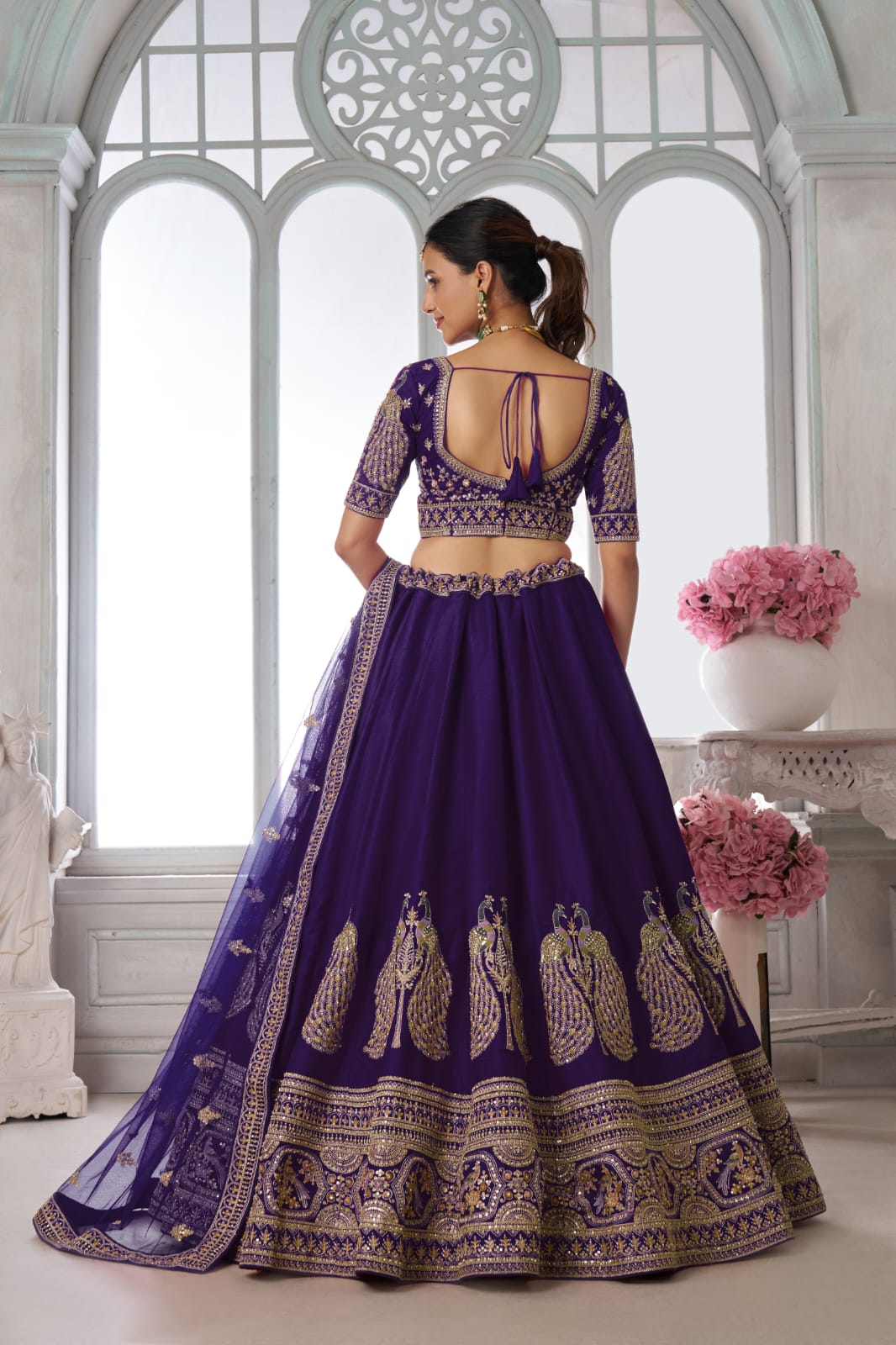 Purple Silk Lehenga Choli with Peacock Zari Embroidery & Dupatta