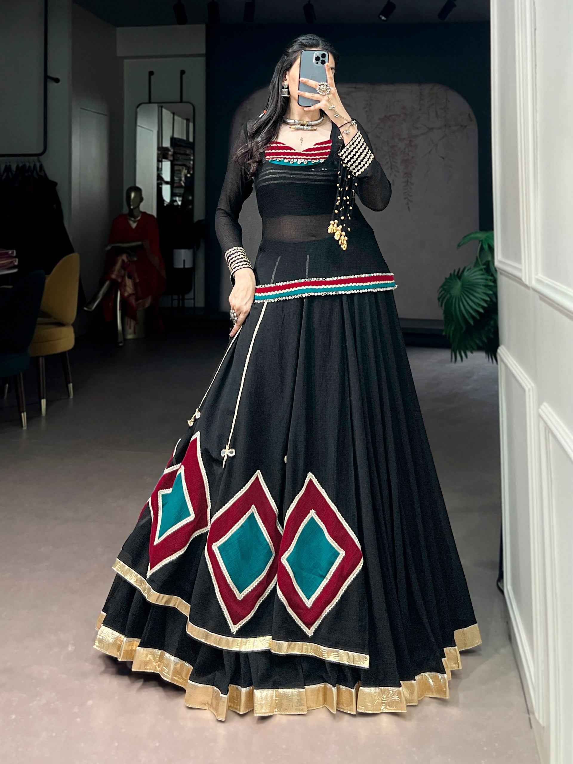 Black Pure Soft Marble Cotton Vintage Work Garba Navratri Chaniya Choli