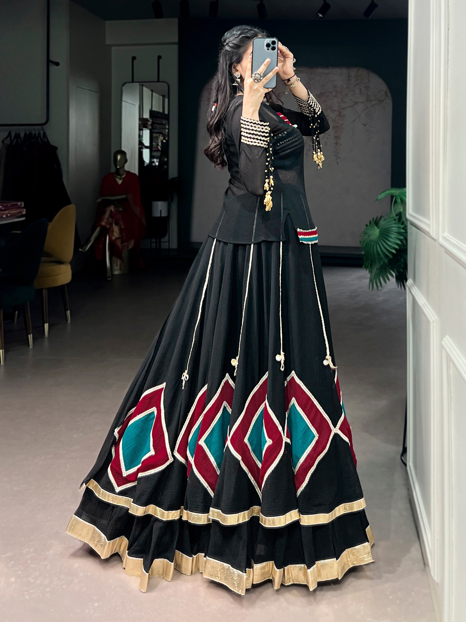 Black Pure Soft Marble Cotton Vintage Work Garba Navratri Chaniya Choli