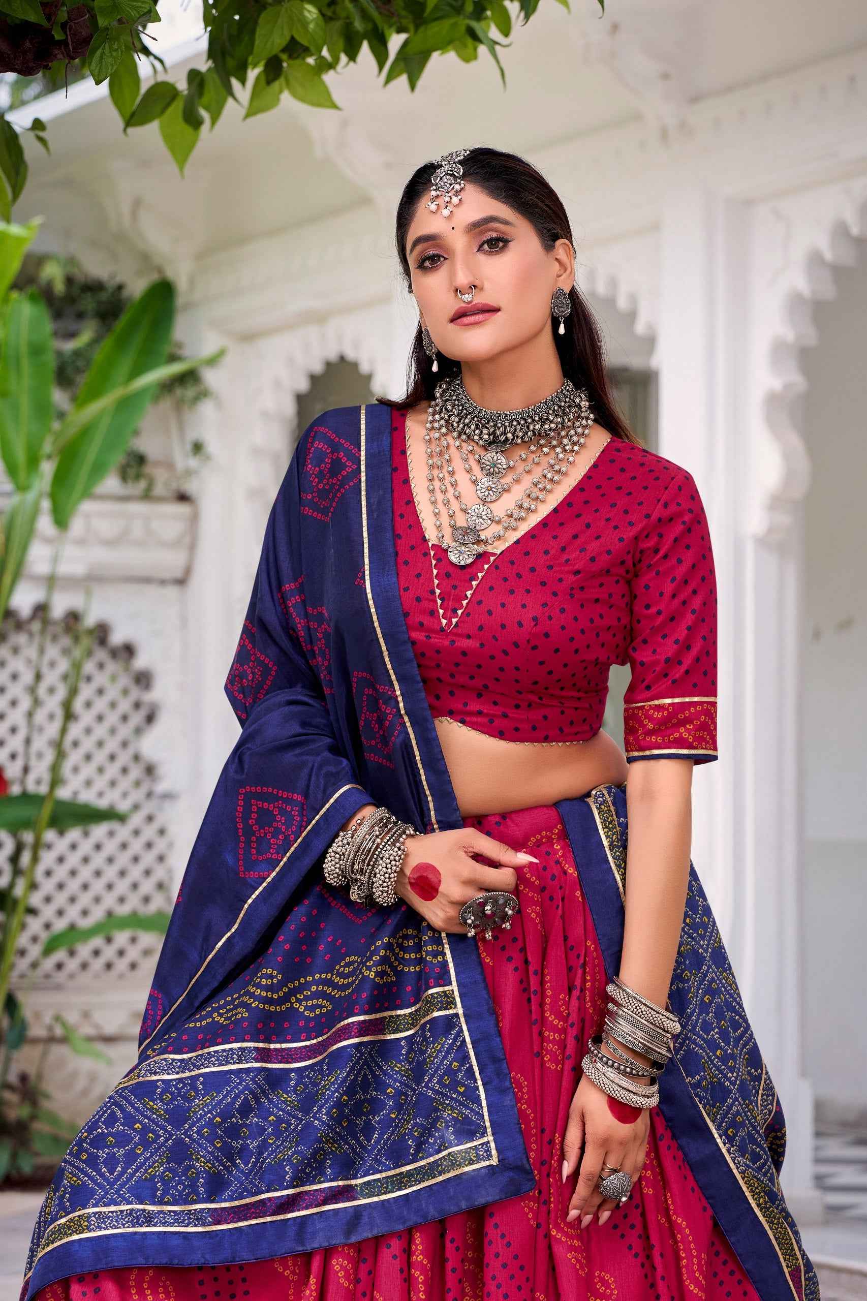 Pink Pure Tasar Silk Bandhej Print With Gotta Patti Work Navratri Chaniya Choli
