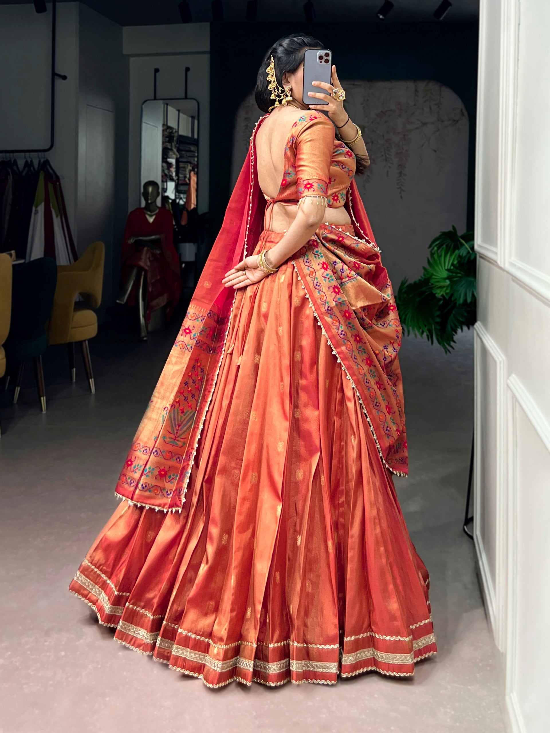 Coral Pure Shimmer Zari Weaving Work Paithani Lehenga Choli