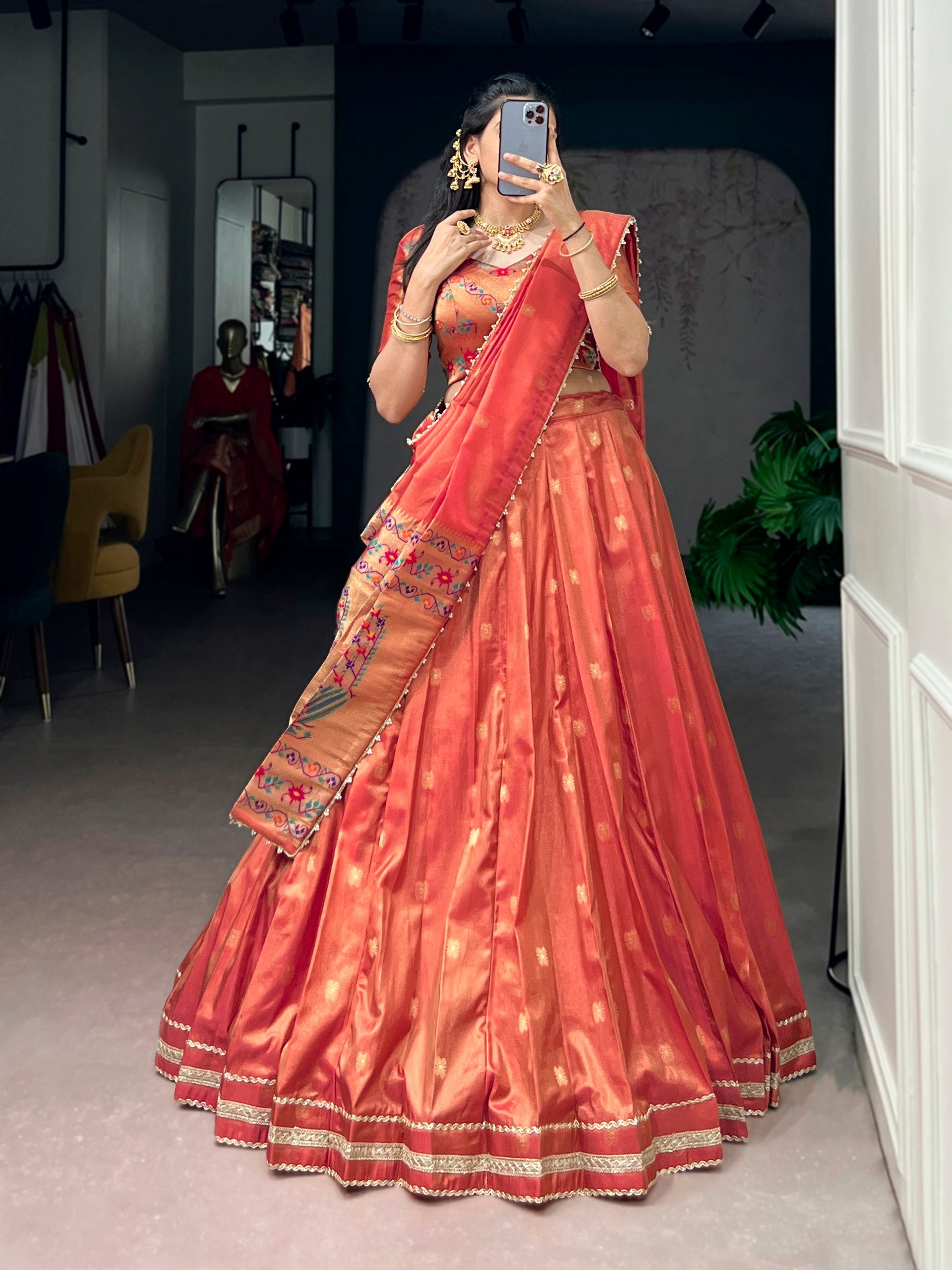 Coral Pure Shimmer Zari Weaving Work Paithani Lehenga Choli