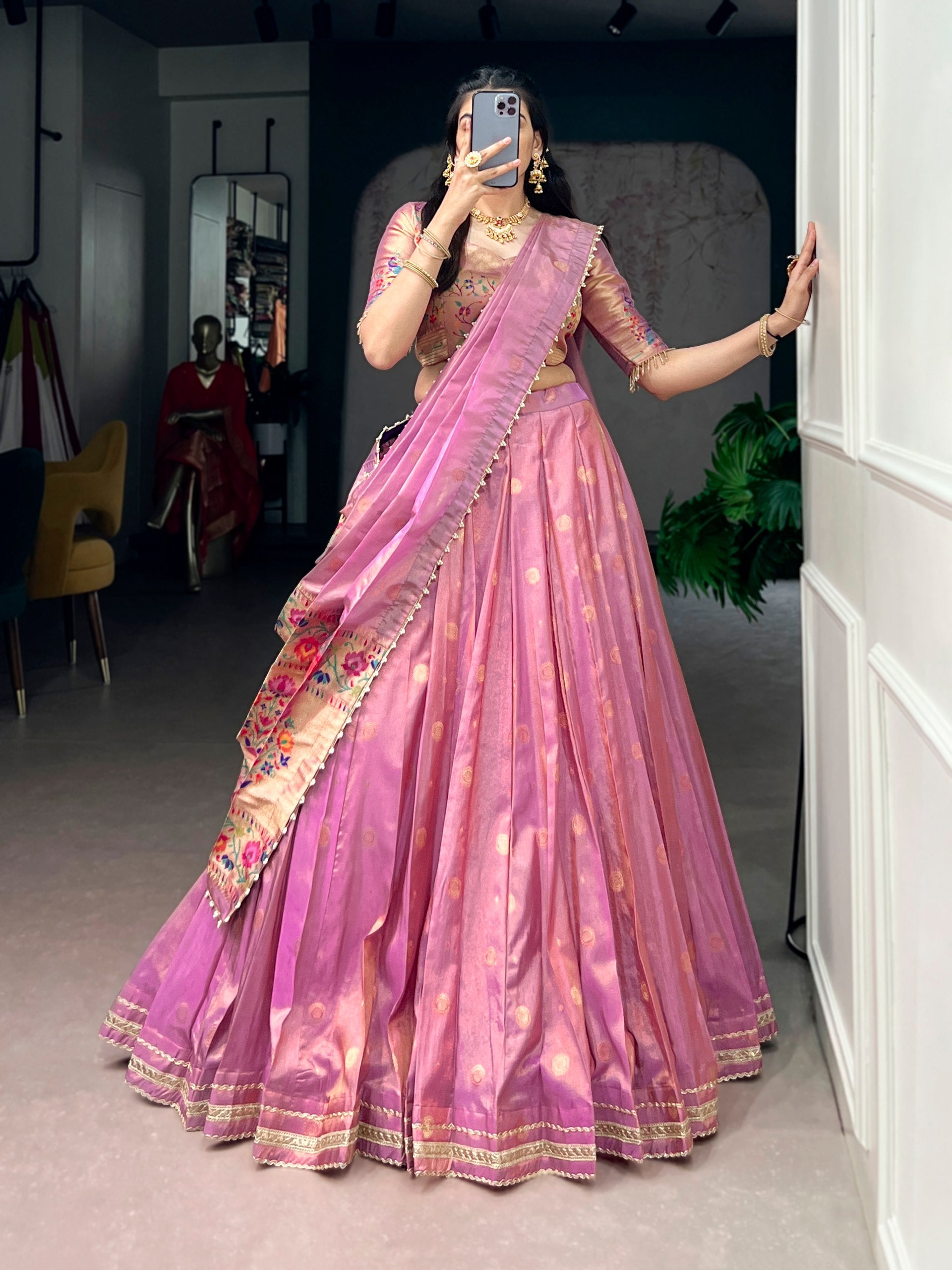 Pink Pure Shimmer Zari Weaving Work Paithani Lehenga Choli
