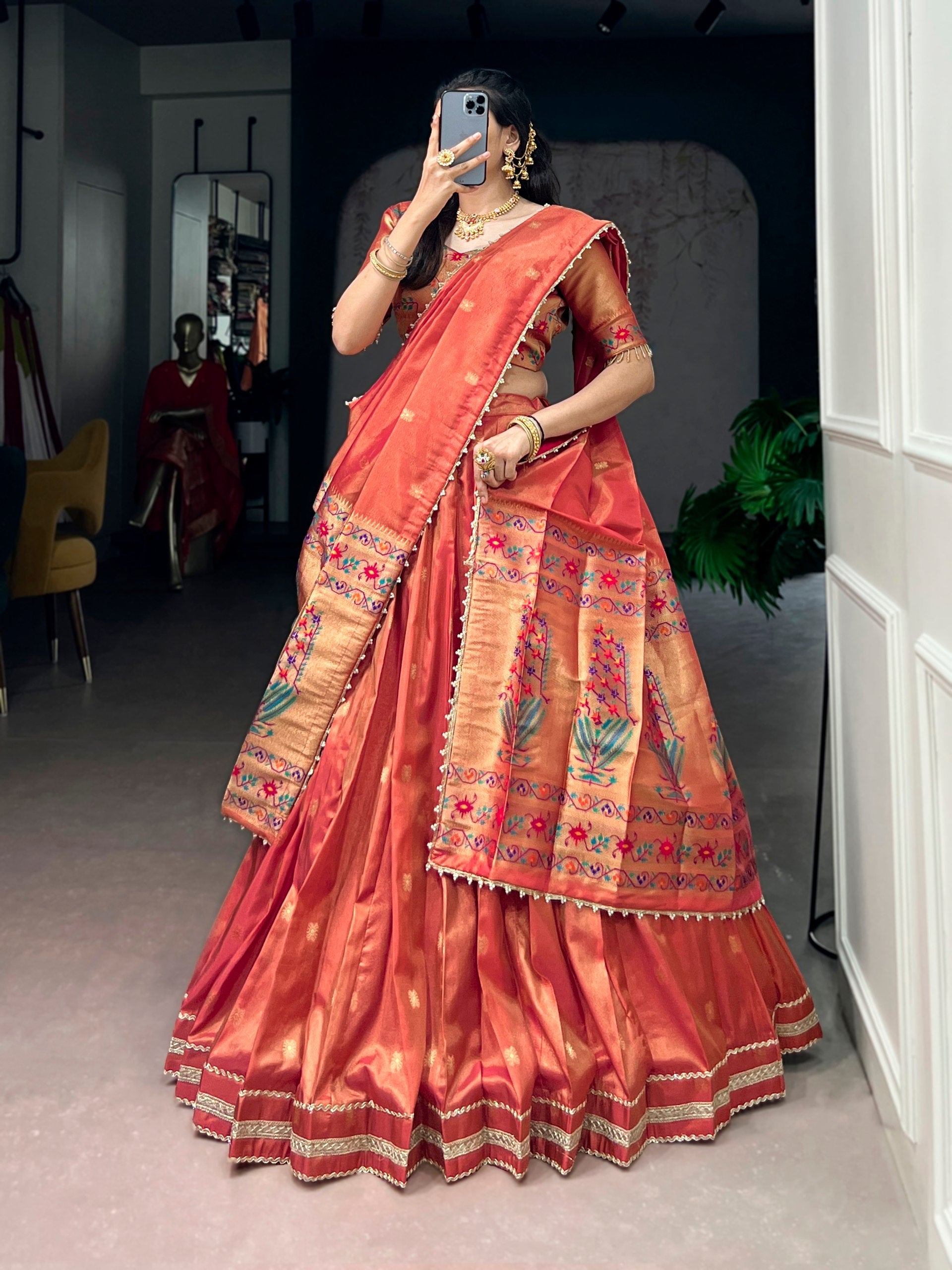 Coral Pure Shimmer Zari Weaving Work Paithani Lehenga Choli
