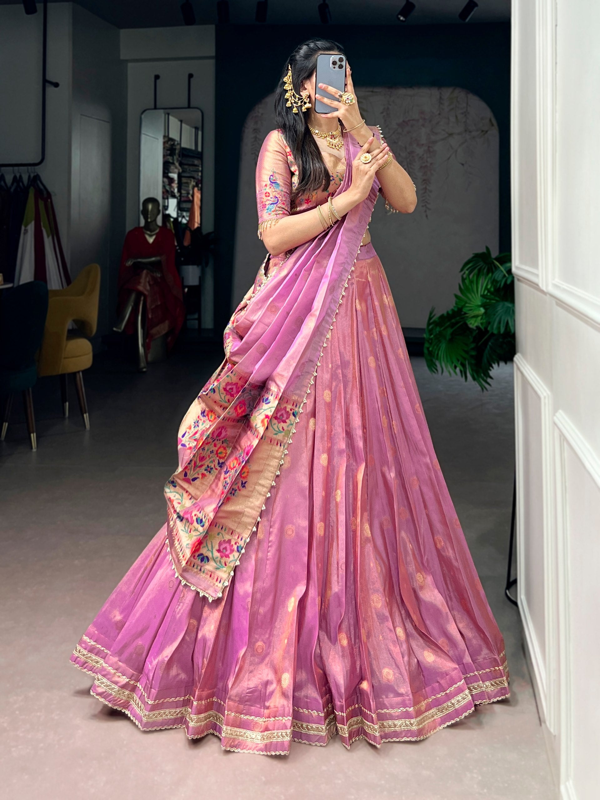 Pink Pure Shimmer Zari Weaving Work Paithani Lehenga Choli