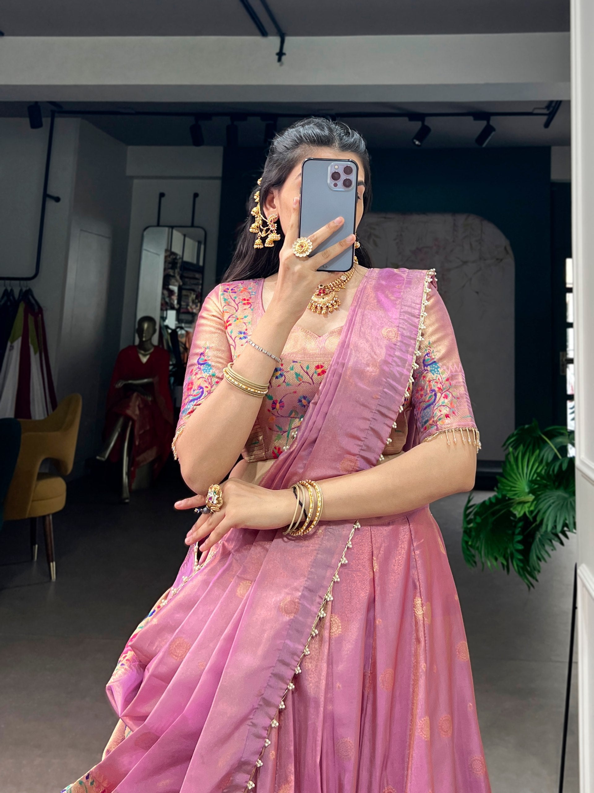 Pink Pure Shimmer Zari Weaving Work Paithani Lehenga Choli