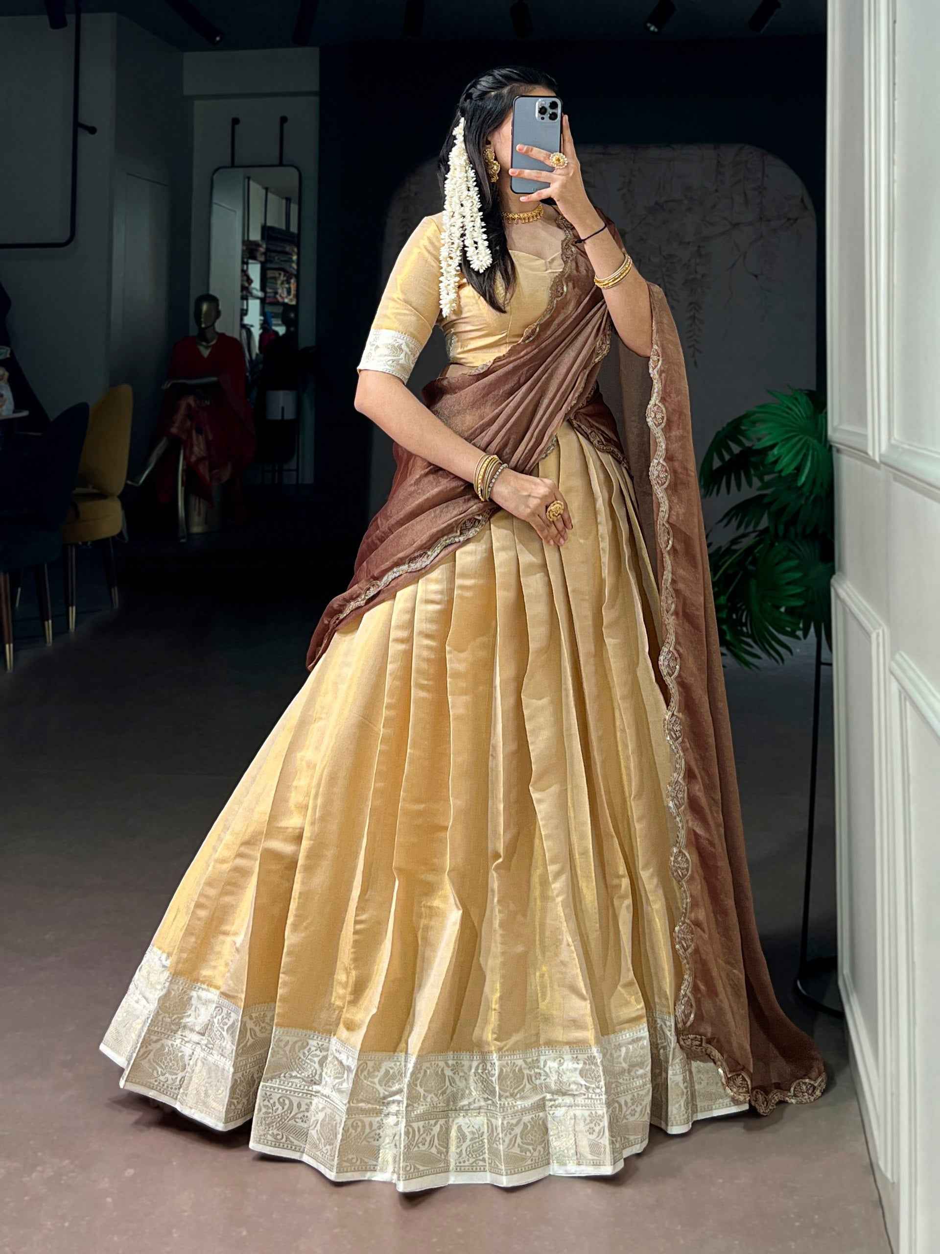 Cream Pure Soft Kanchipuram Zari Weaving Work Lehenga Choli