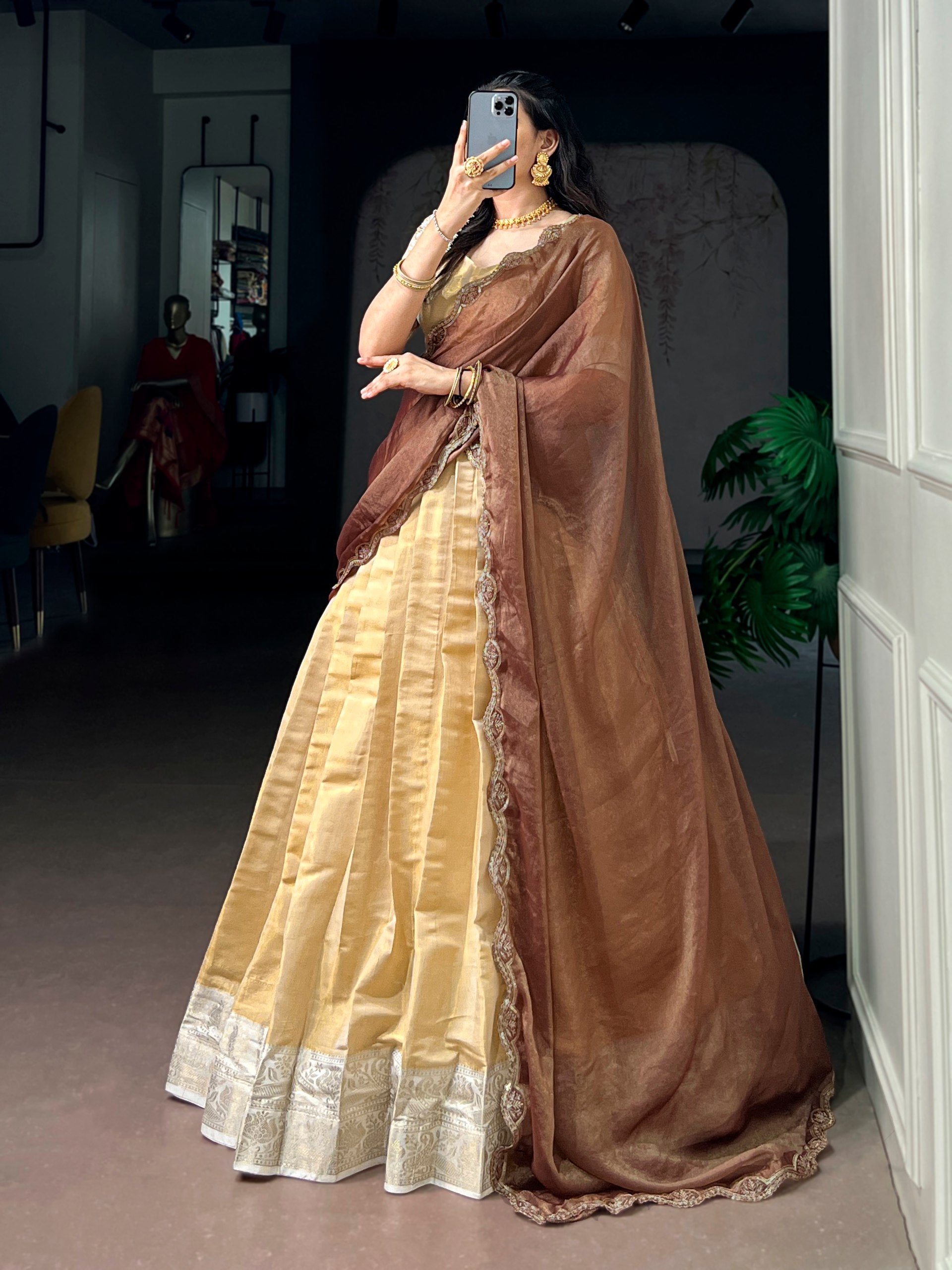 Cream Pure Soft Kanchipuram Zari Weaving Work Lehenga Choli