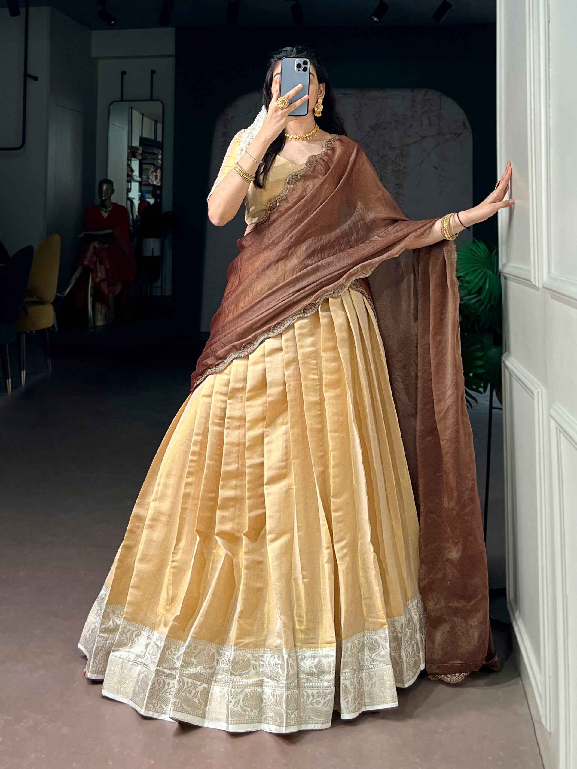 Cream Pure Soft Kanchipuram Zari Weaving Work Lehenga Choli