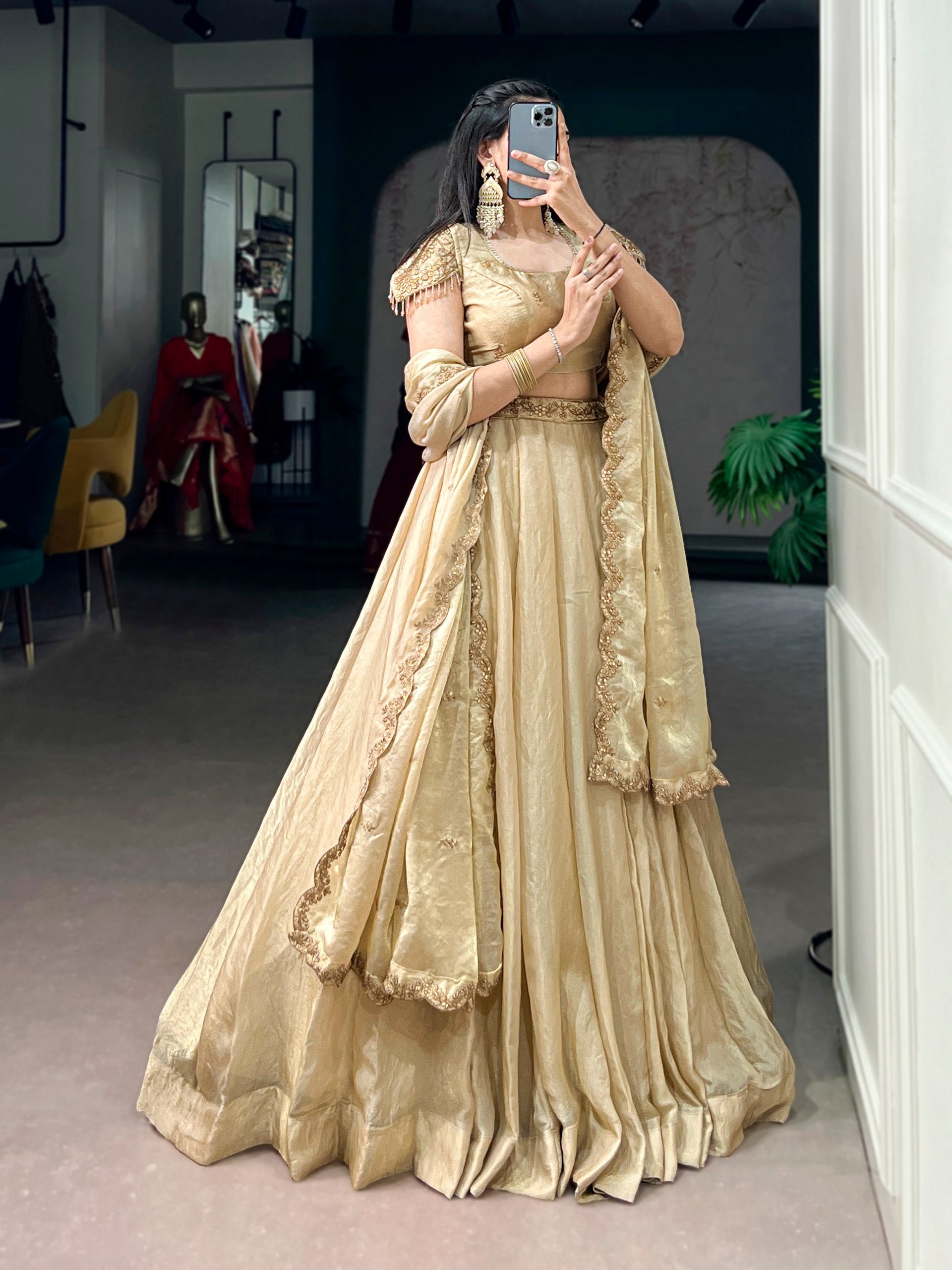 Cream Pure Soft Frendy Silk Sequins & Thread Embroidery Work Lehenga Choli