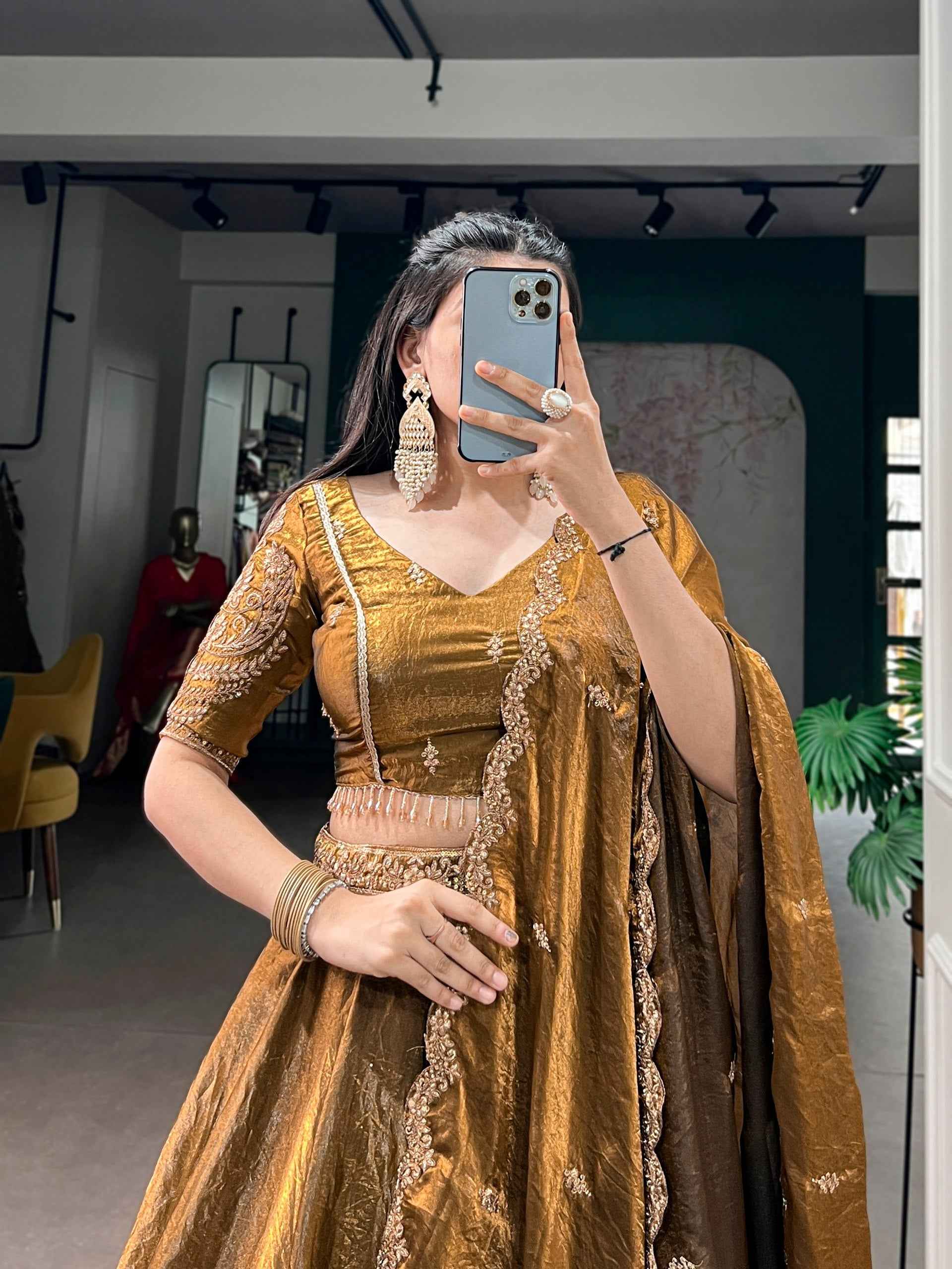 Brown Pure Soft Frendy Silk Sequins & Thread Embroidery Work Lehenga Choli