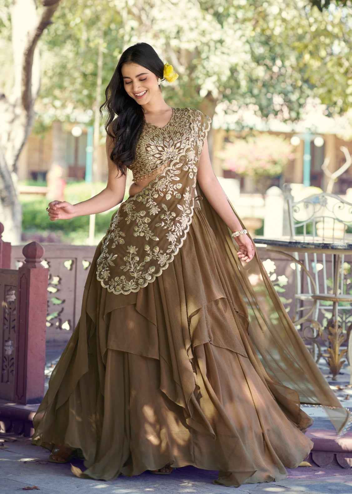 Coffee Pure Soft Marble Silk Sequins Work Paithani Lehenga Choli