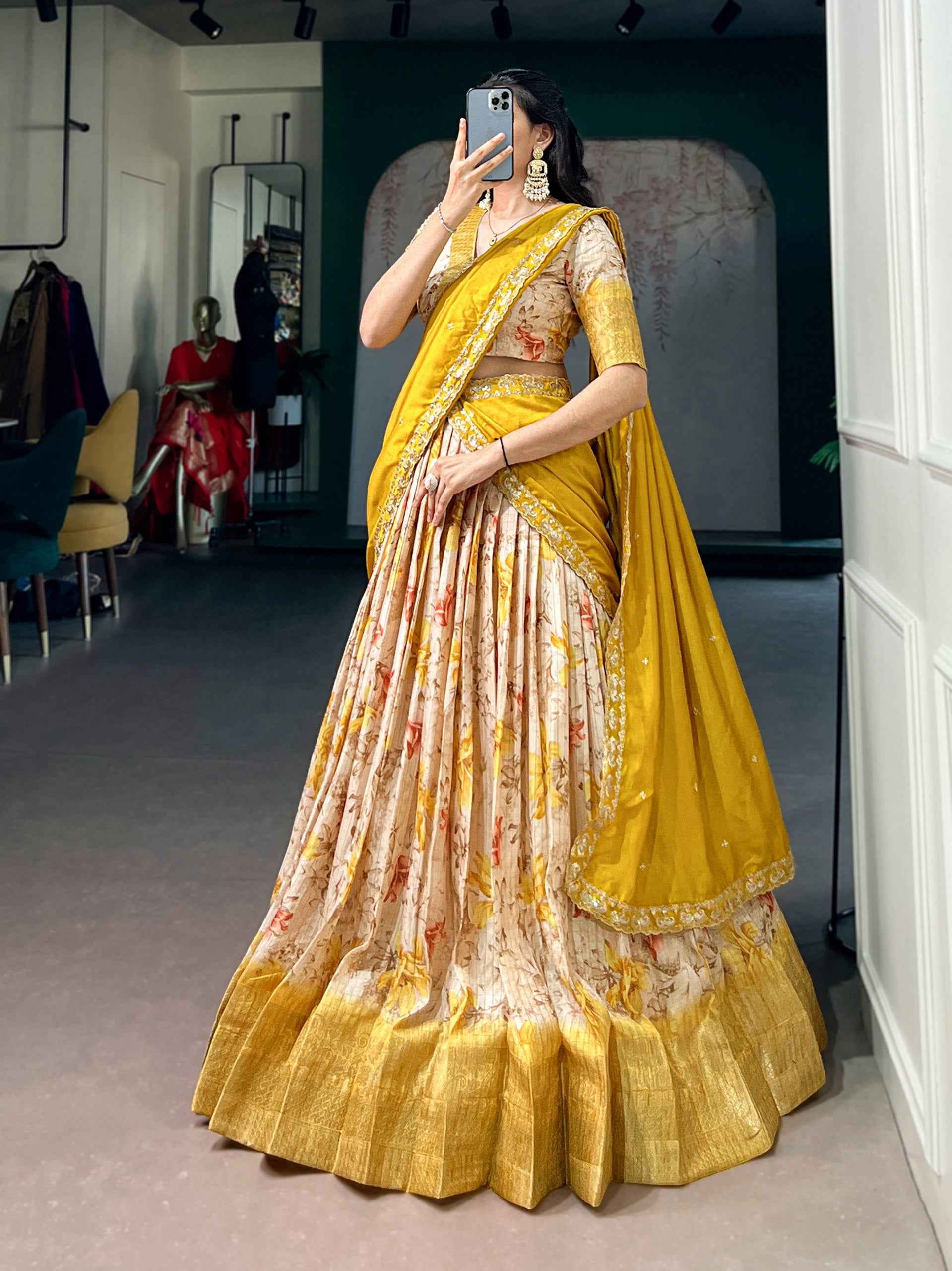 Yellow Pure Soft Dola Chex Floral Printed With Zari Weaving Work Lehenga Choli