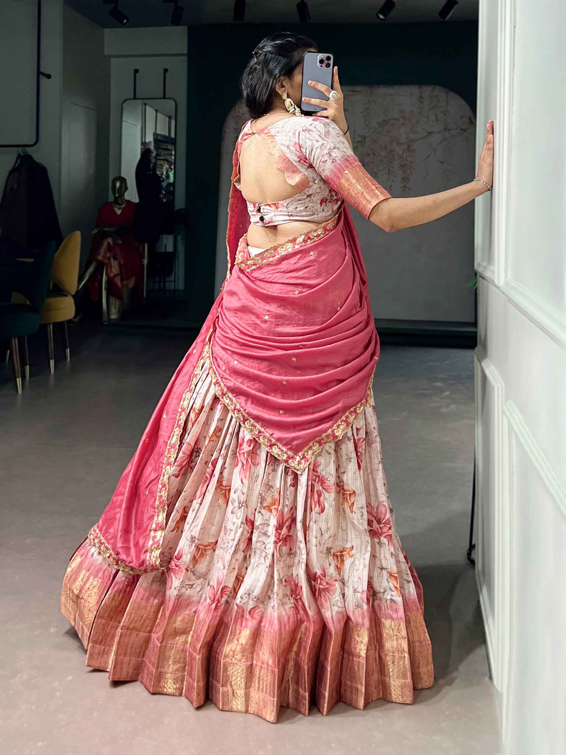 Red Pure Soft Dola Chex Floral Printed With Zari Weaving Work Lehenga Choli